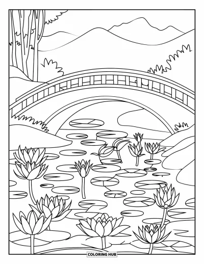 Lilien-Ausmalbild für Kinder: Lilien und Seerosenblätter blühen neben einer geschwungenen Brücke mit Bergen im Hintergrund
