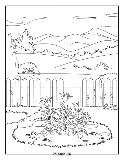 Lilien-Ausmalbild für Kinder: Lilien und Steine füllen ein Gartenbeet mit Bergblick dahinter