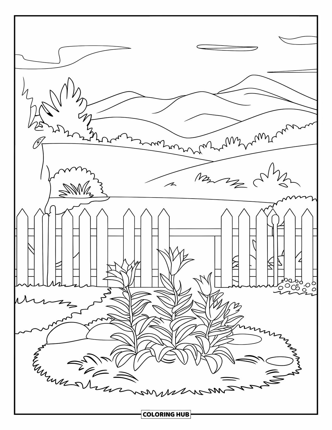 Lily Coloring Page for Kids: Lilies and rocks fill a garden bed with a mountain view behind