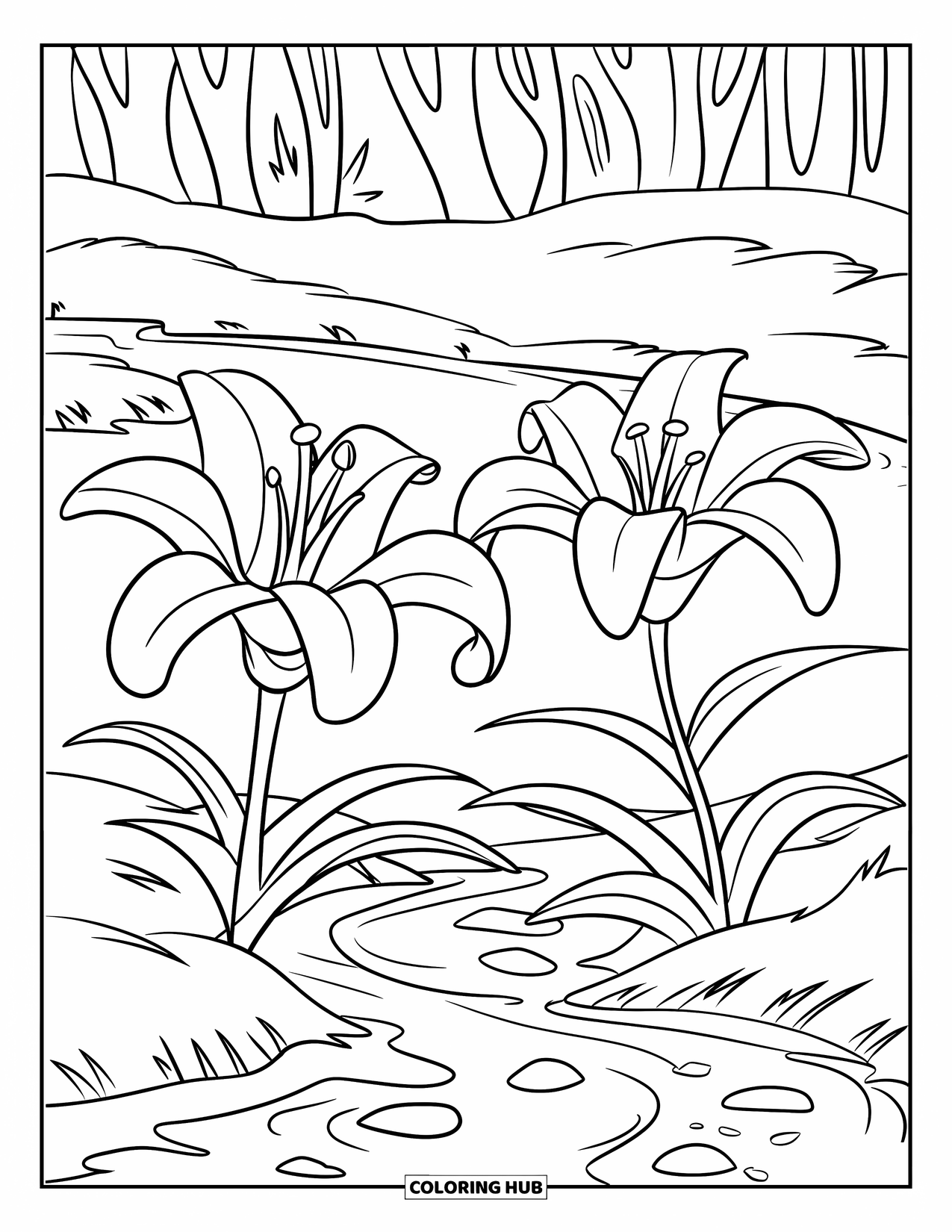 Lily Coloring Page for Kids: Lilies grow by a pebble-filled stream in a peaceful forest