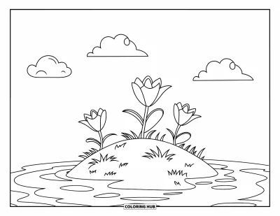 Lilien-Ausmalbild für Kinder: Drei Lilien blühen auf einem kleinen Hügel, umgeben von stillem Wasser