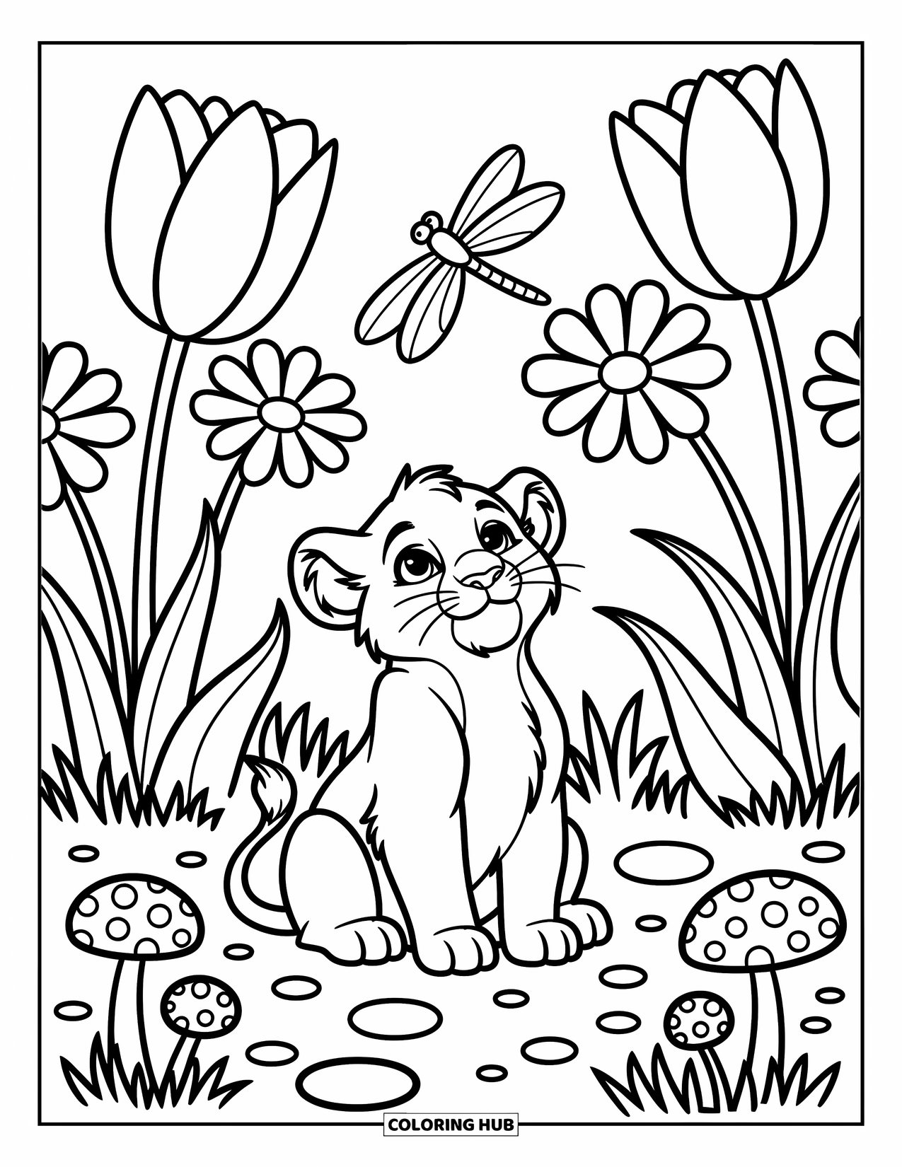 Lion Cub Coloring Page for Adults: A cub looks up at a dragonfly in a field of tulips and daisies