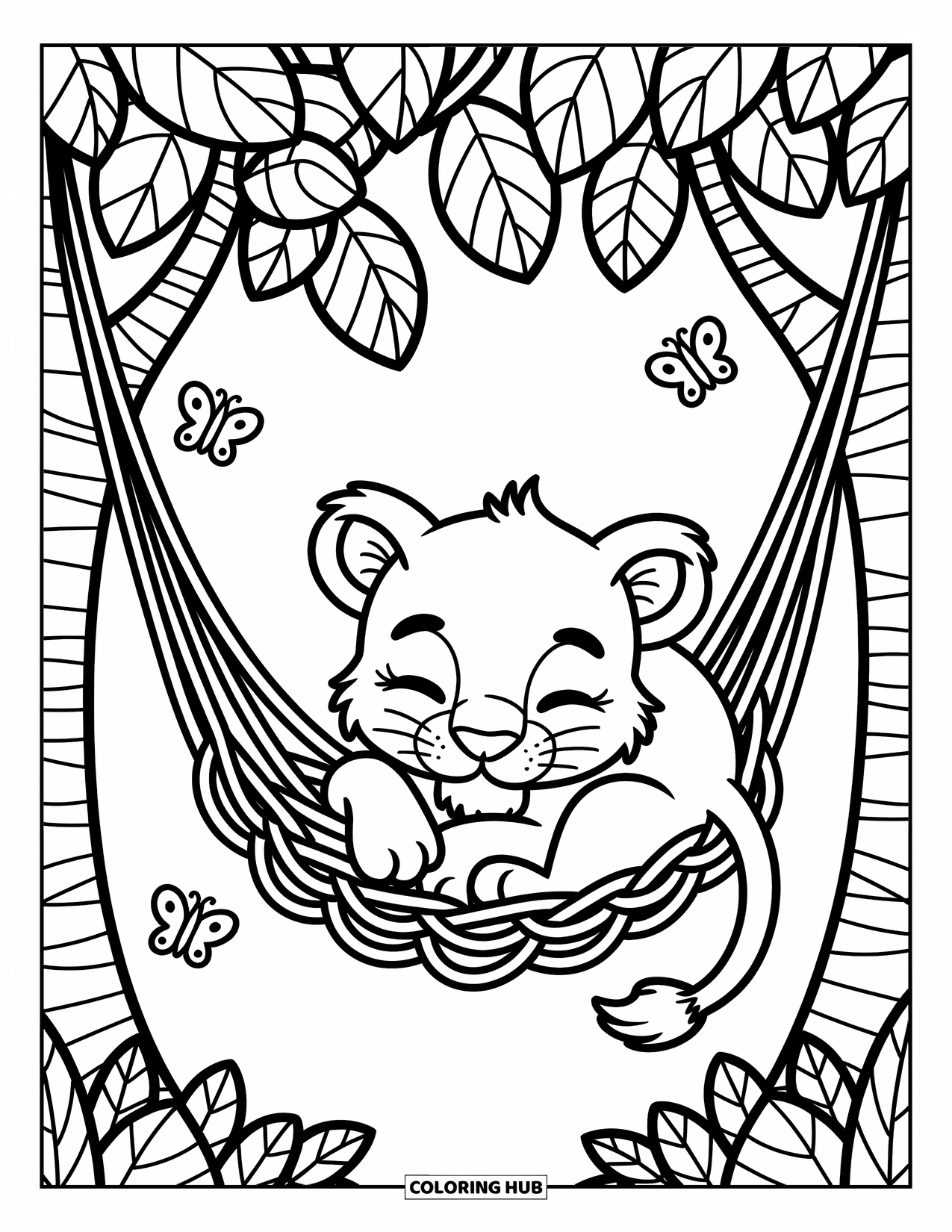 Lion Cub Coloring Page for Adults: A cub relaxes in a vine hammock with butterflies fluttering nearby