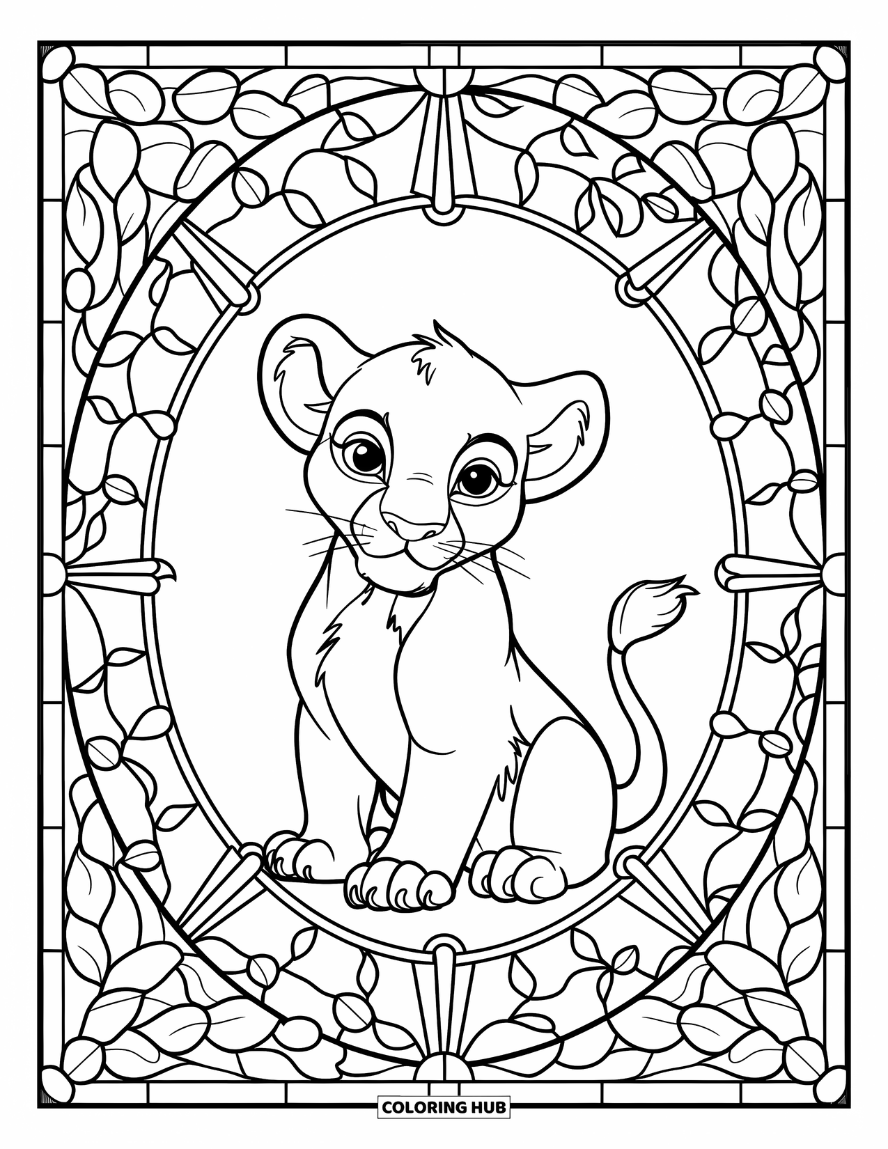 Lion Cub Coloring Page for Adults: A cub sits in a sunburst window of stained glass leaves and soft vines