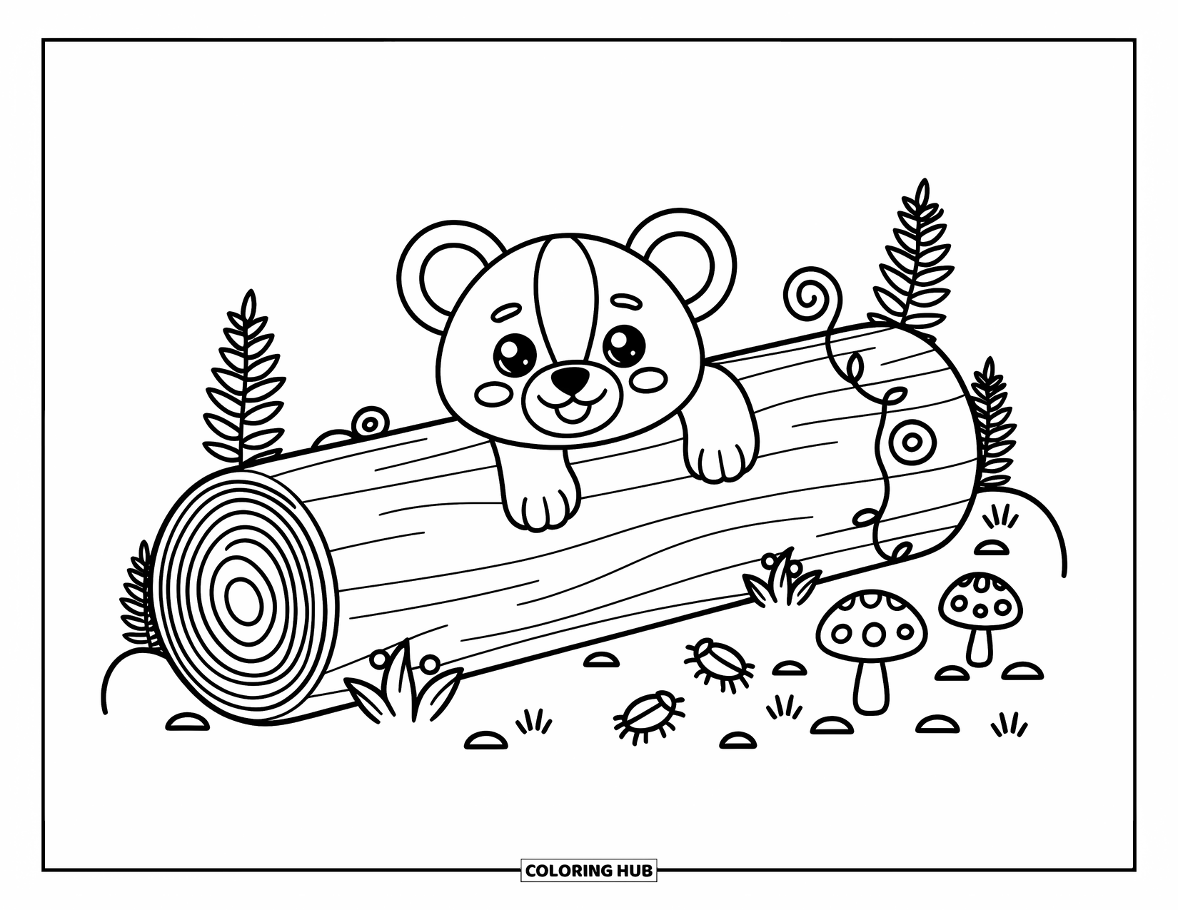 Lion Cub Coloring Page for Adults: A cub's paws and face peek out from a jungle log with cute plants