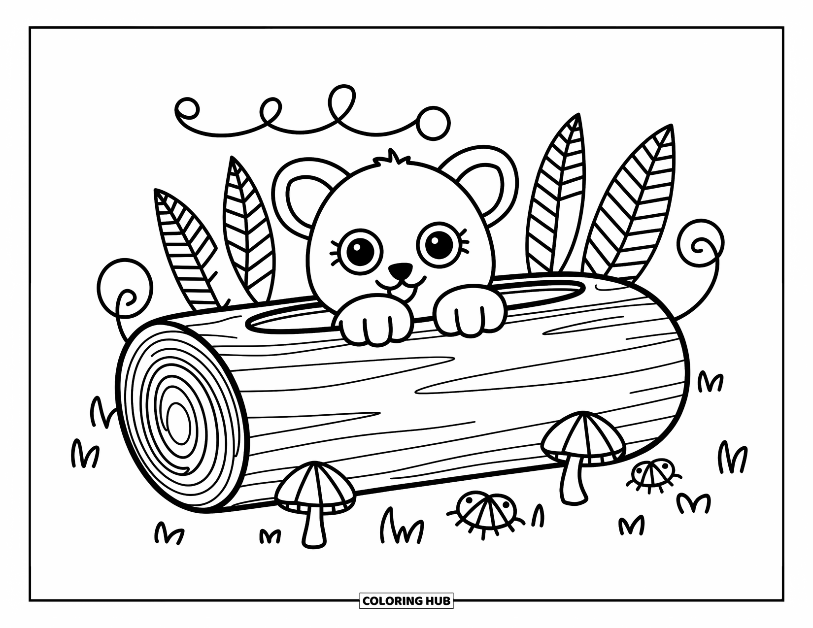 Lion Cub Coloring Page for Adults: A curious cub peeks out from a hollow log surrounded by jungle plants