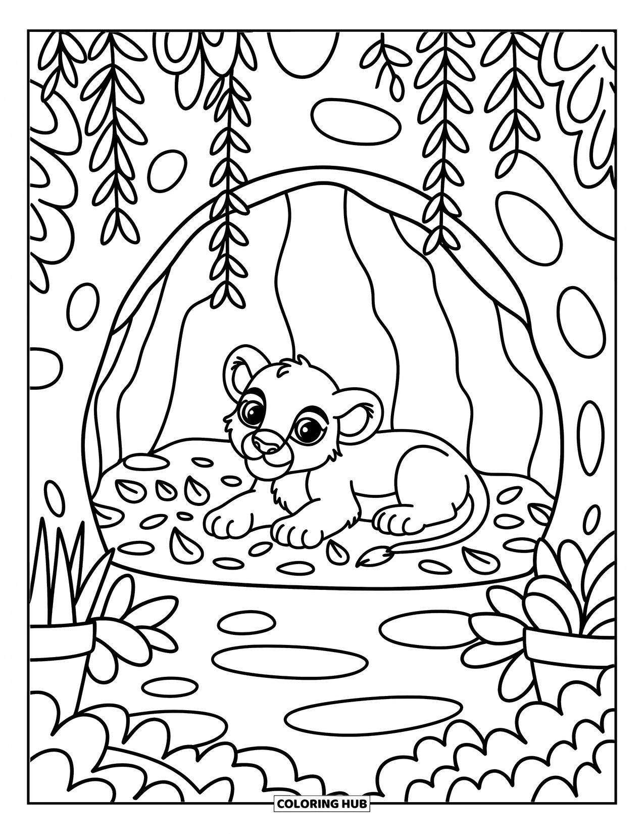 Lion Cub Coloring Page for Adults: A lion cub curls inside a leafy cave with vines and fallen leaves