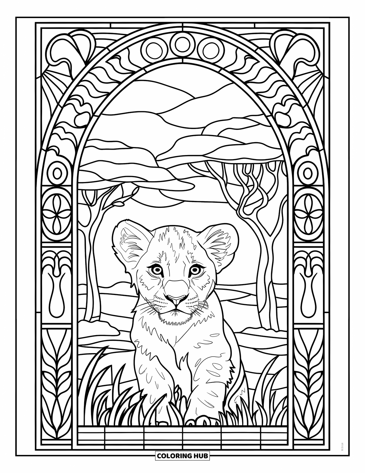 Lion Cub Coloring Page for Adults: A lion cub gazes forward, surrounded by stained glass-style trees and cloud patterns