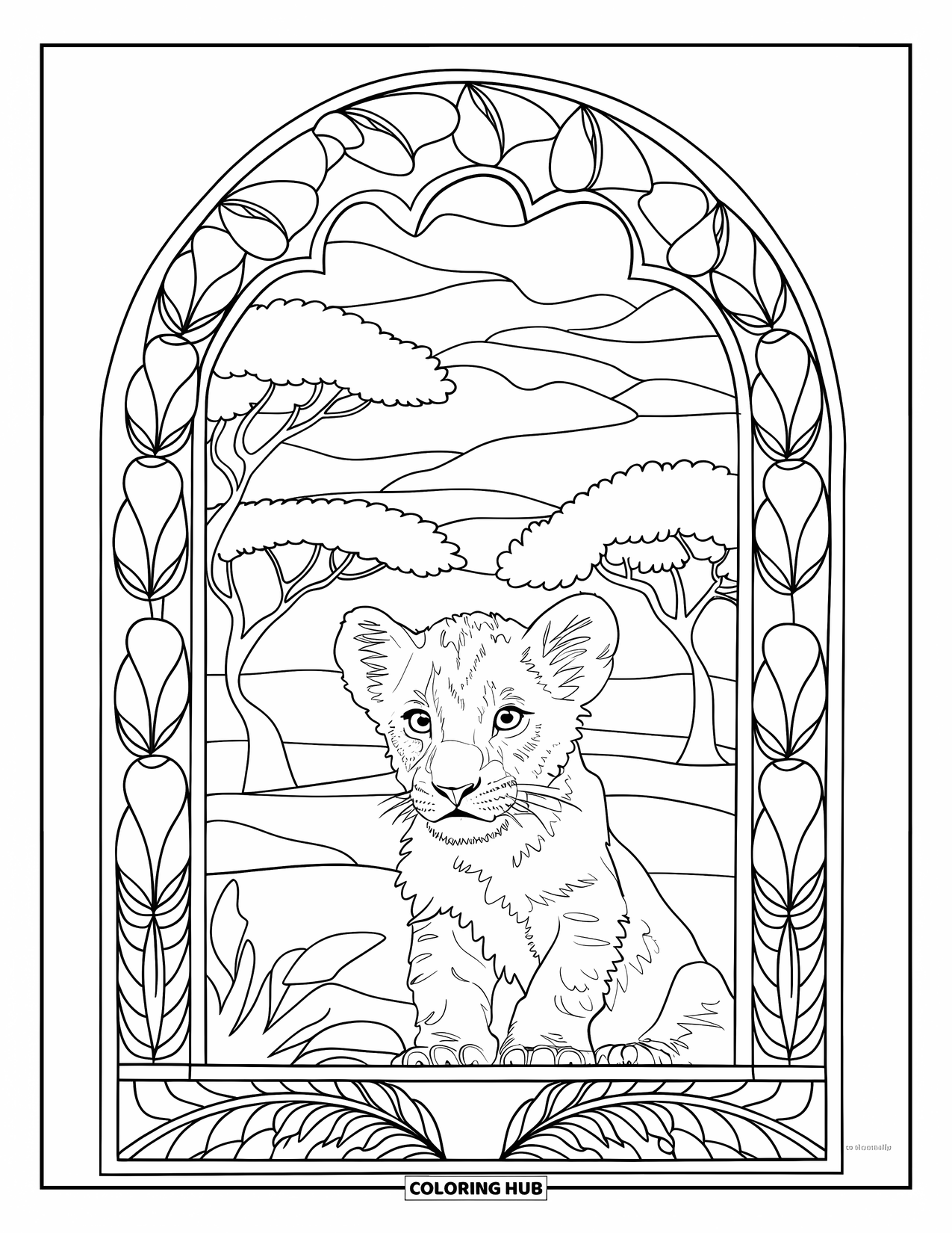 Lion Cub Coloring Page for Adults: A lion cub is framed by a stained glass window of clouds and tree shapes