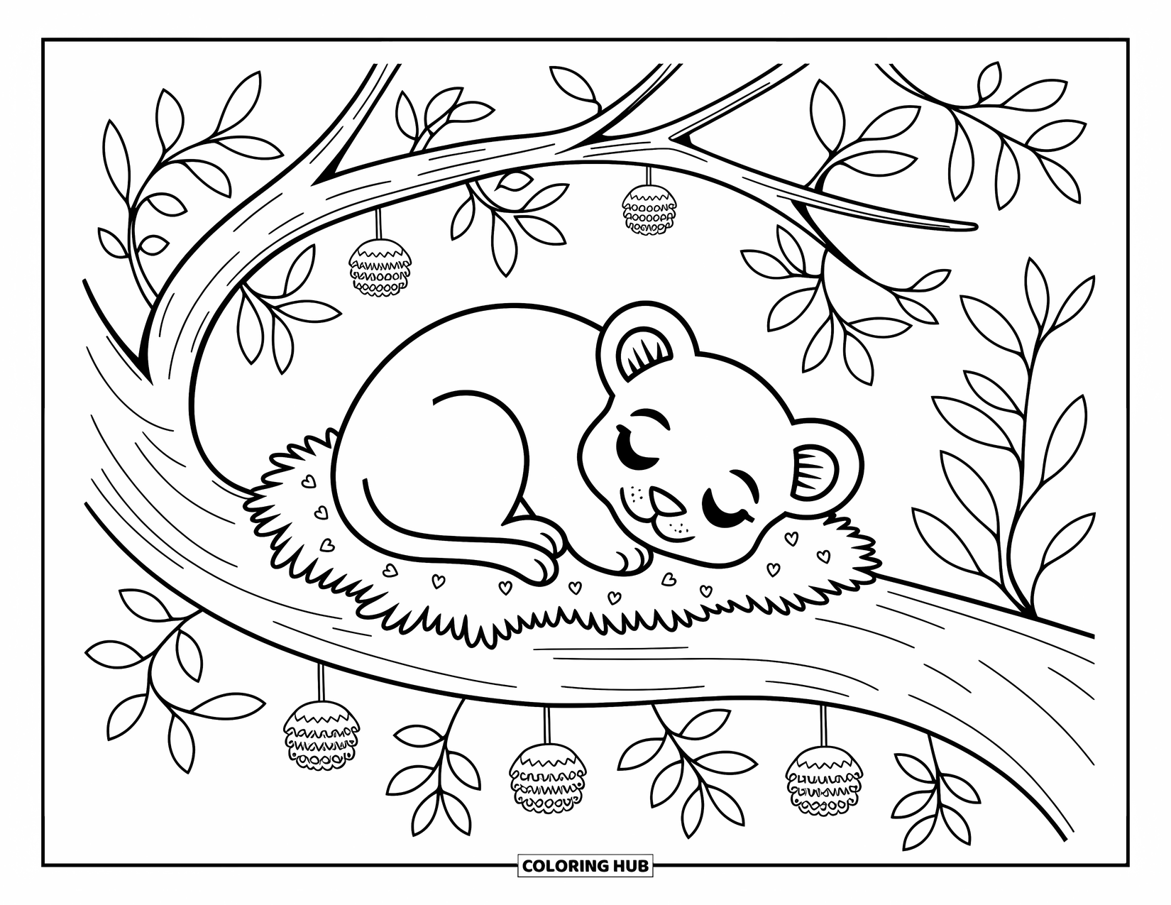 Lion Cub Coloring Page for Adults: A lion cub is snuggled on a cozy branch with dangling pods and twigs