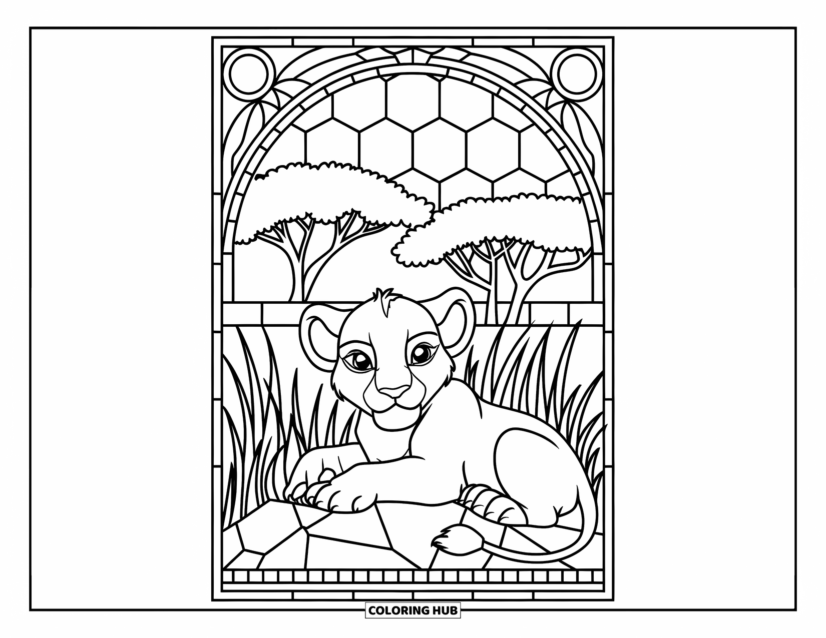 Lion Cub Coloring Page for Adults: A lion cub lies beside a rock with tall grass and trees in stained glass