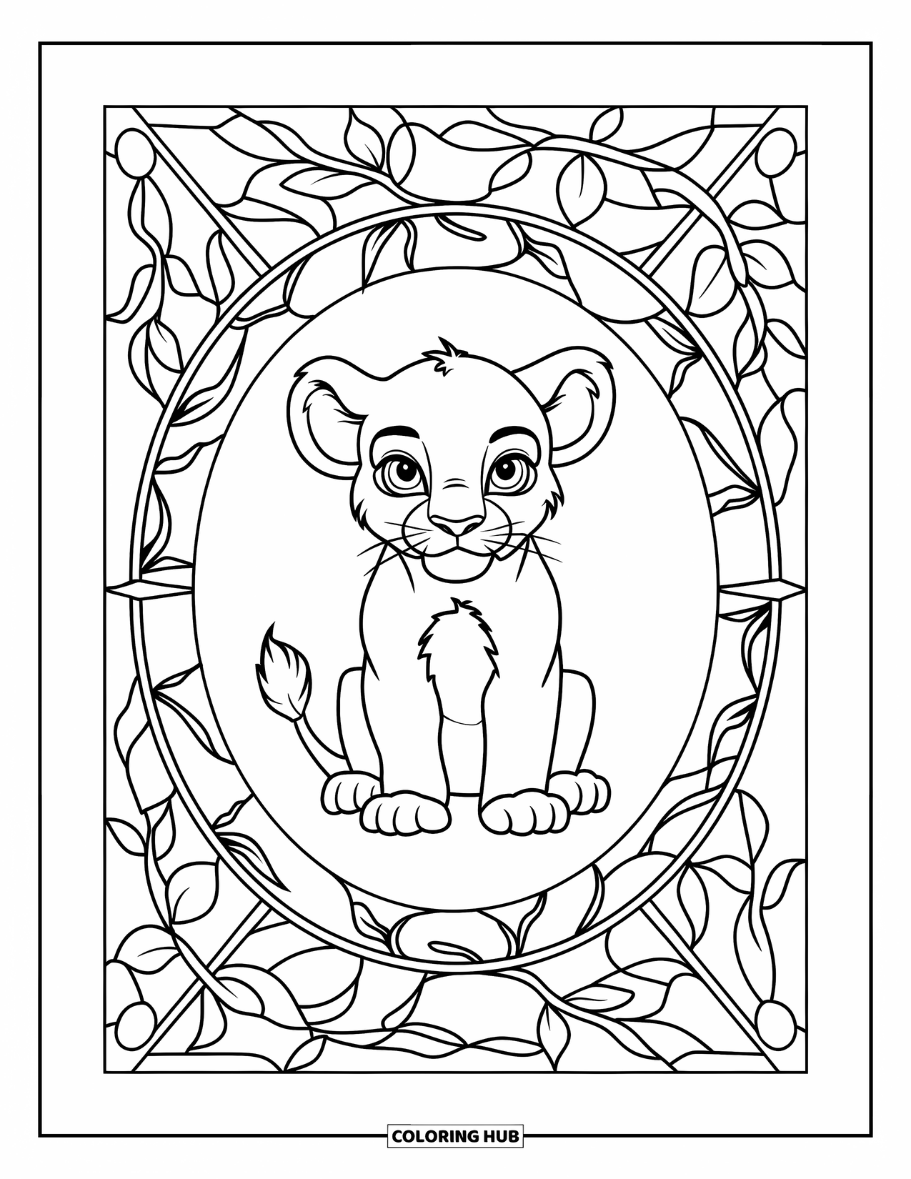 Lion Cub Coloring Page for Adults: A lion cub sits in a stained glass sunburst framed by leafy vines