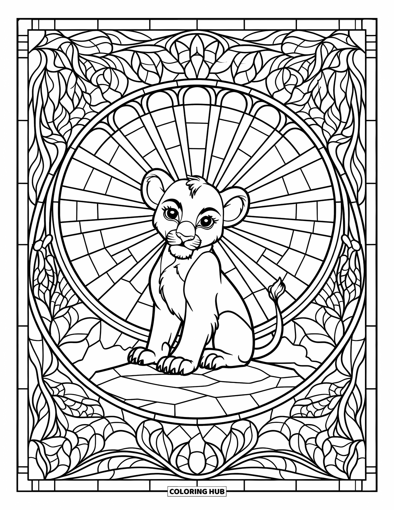 Lion Cub Coloring Page for Adults: A lion cub sits on a rock inside a stained glass sunburst of vines and leaves