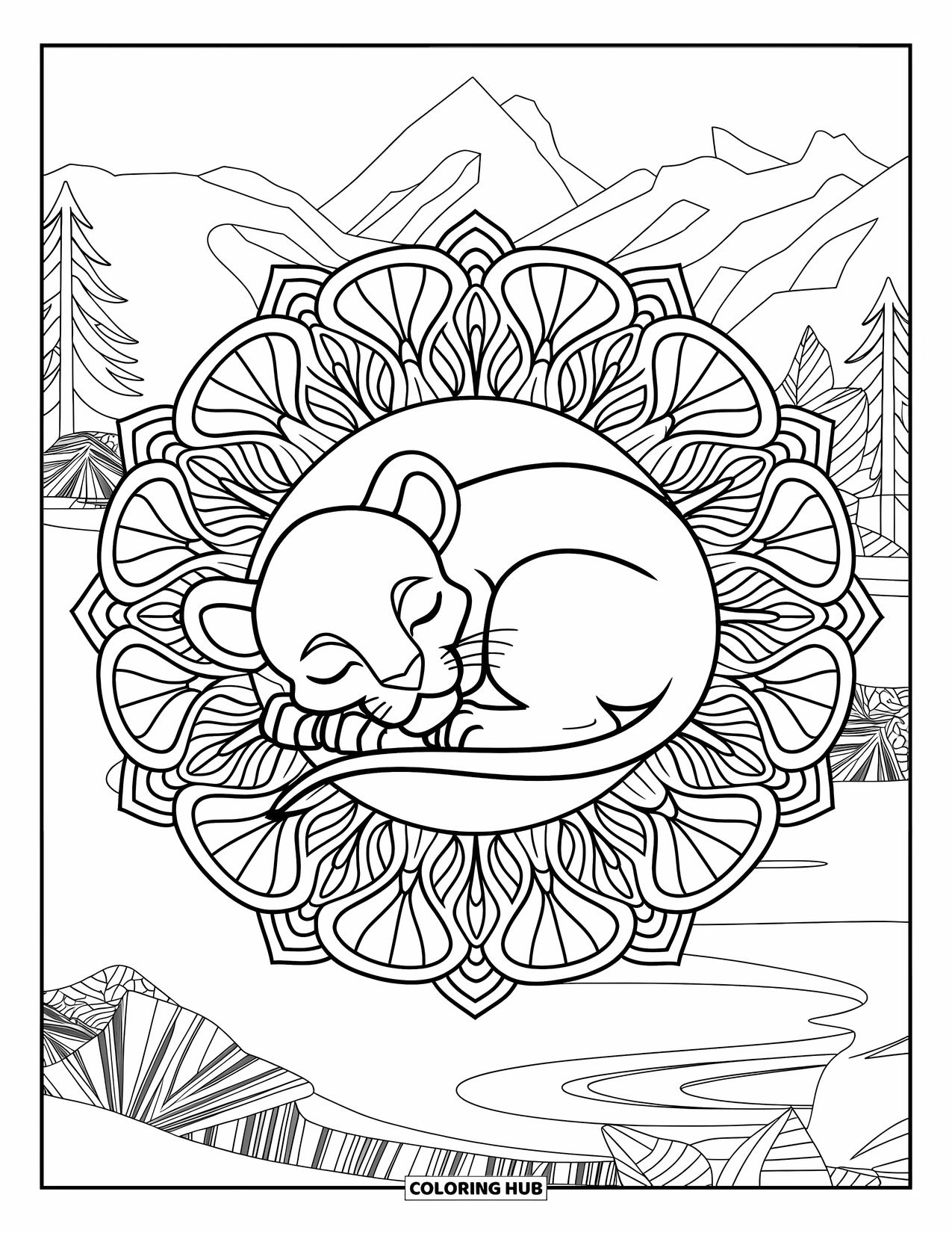 Lion Cub Coloring Page for Adults: A lion cub sleeps in a mandala surrounded by flowers, trees, and mountains