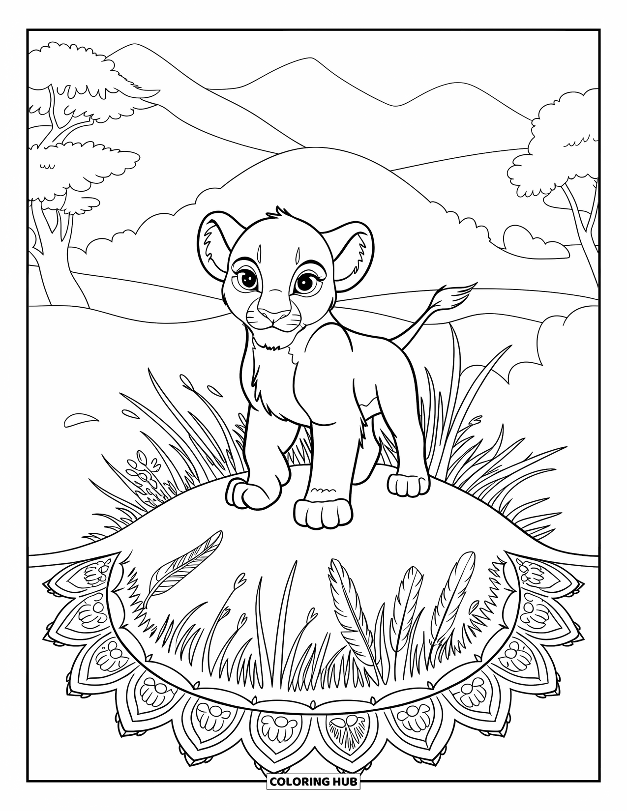 Lion Cub Coloring Page for Adults: A lion cub stands on a hill surrounded by a mandala of grasses and feathers