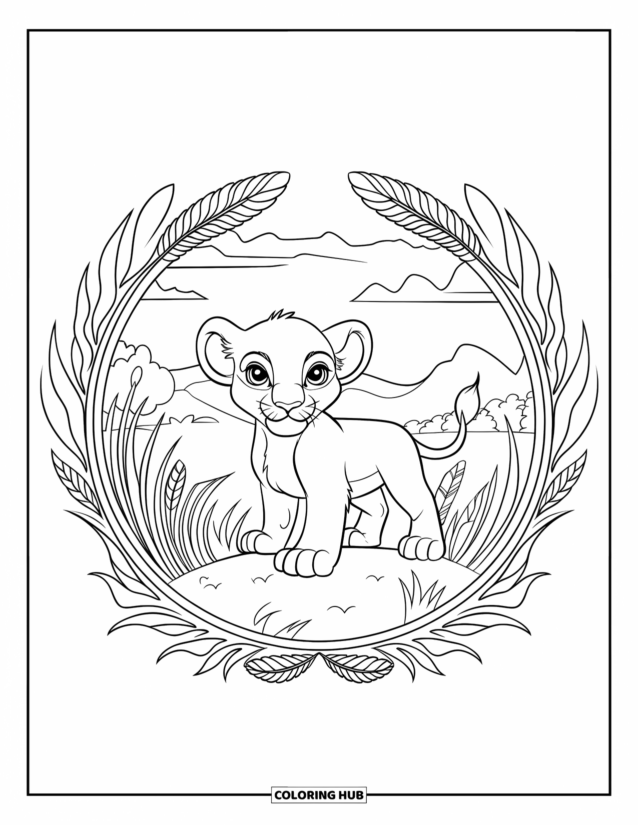 Lion Cub Coloring Page for Adults: A lion cub stands on a hill with mandala-style grass, feathers, and nature views