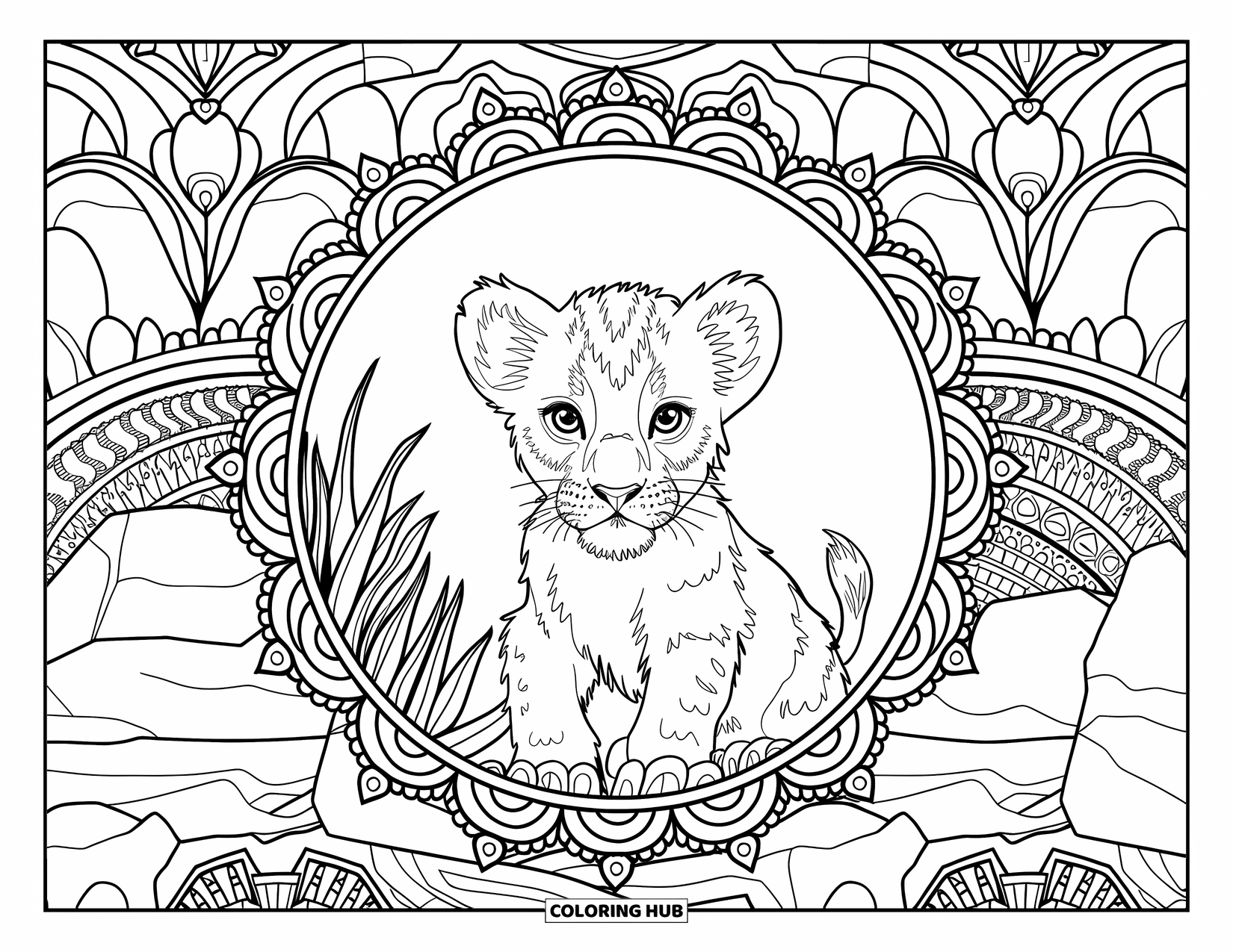 Lion Cub Coloring Page for Adults: A peaceful cub is framed by a detailed mandala of leaves, rocks, and vines