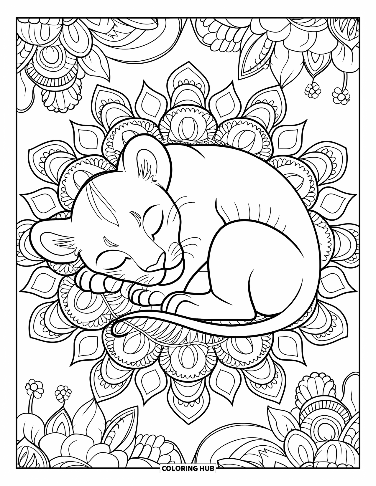 Lion Cub Coloring Page for Adults: A peaceful cub naps inside a floral mandala filled with delicate patterns