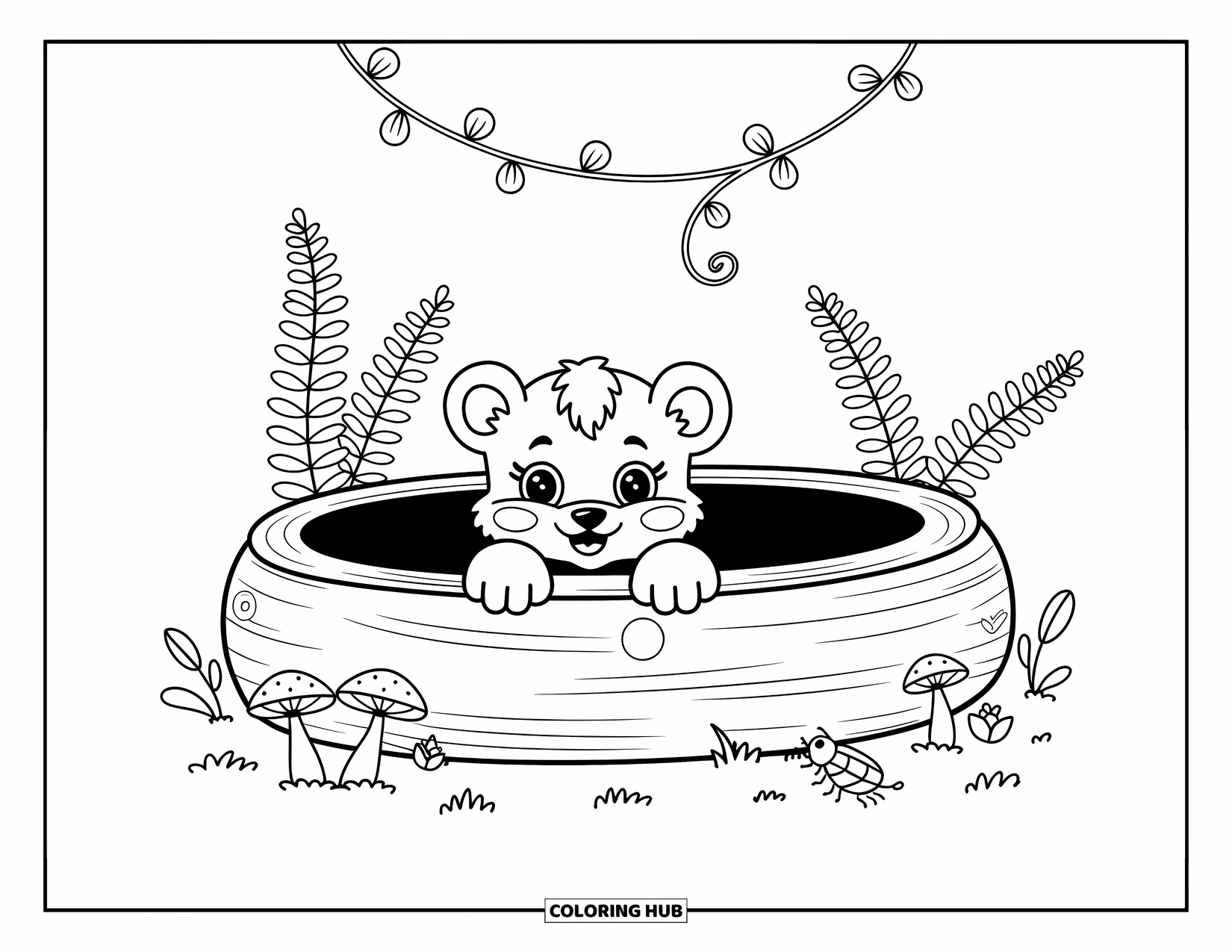 Lion Cub Coloring Page for Adults: A playful lion cub peeks from a log among ferns and mushrooms