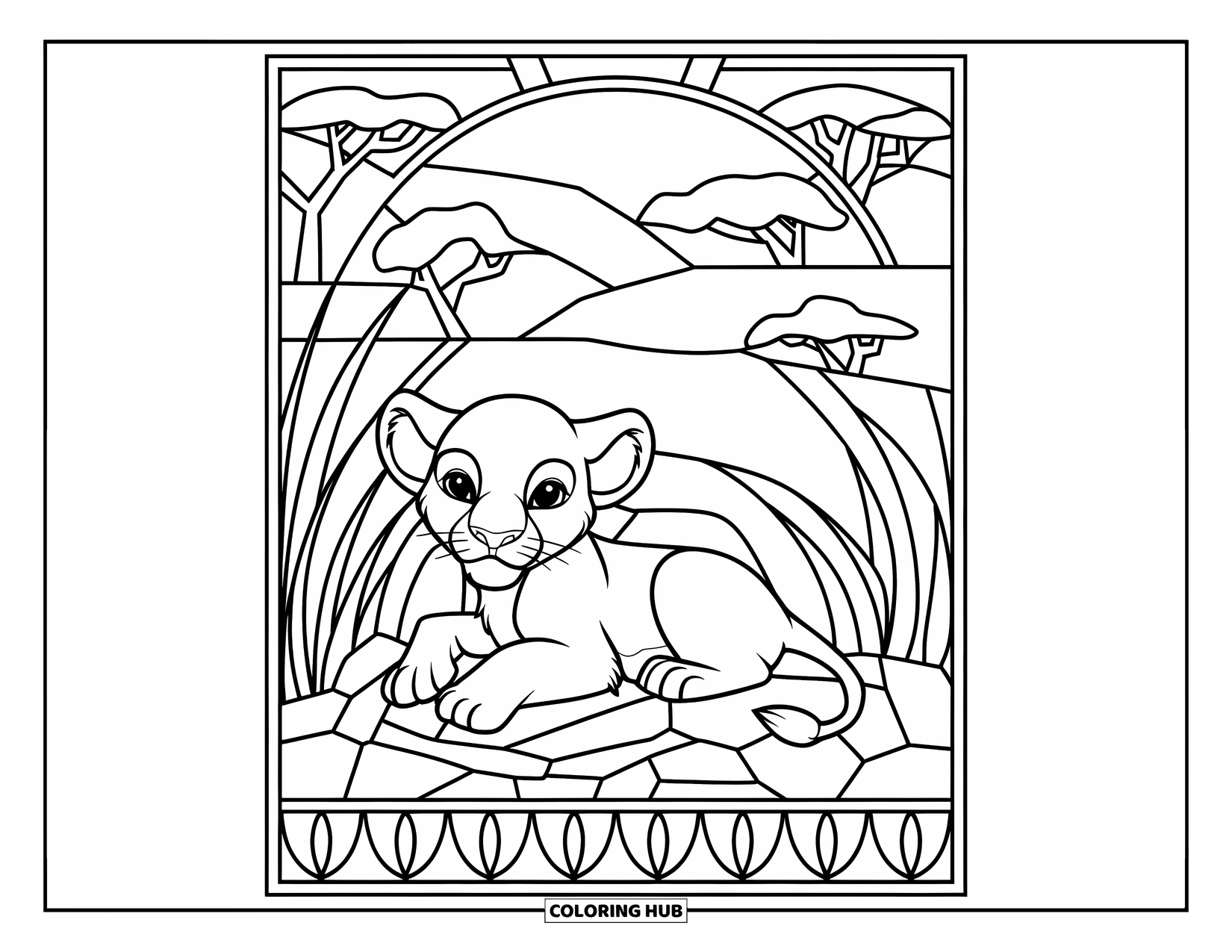 Lion Cub Coloring Page for Adults: A sleepy lion cub rests beside a rock with stained glass grass and trees