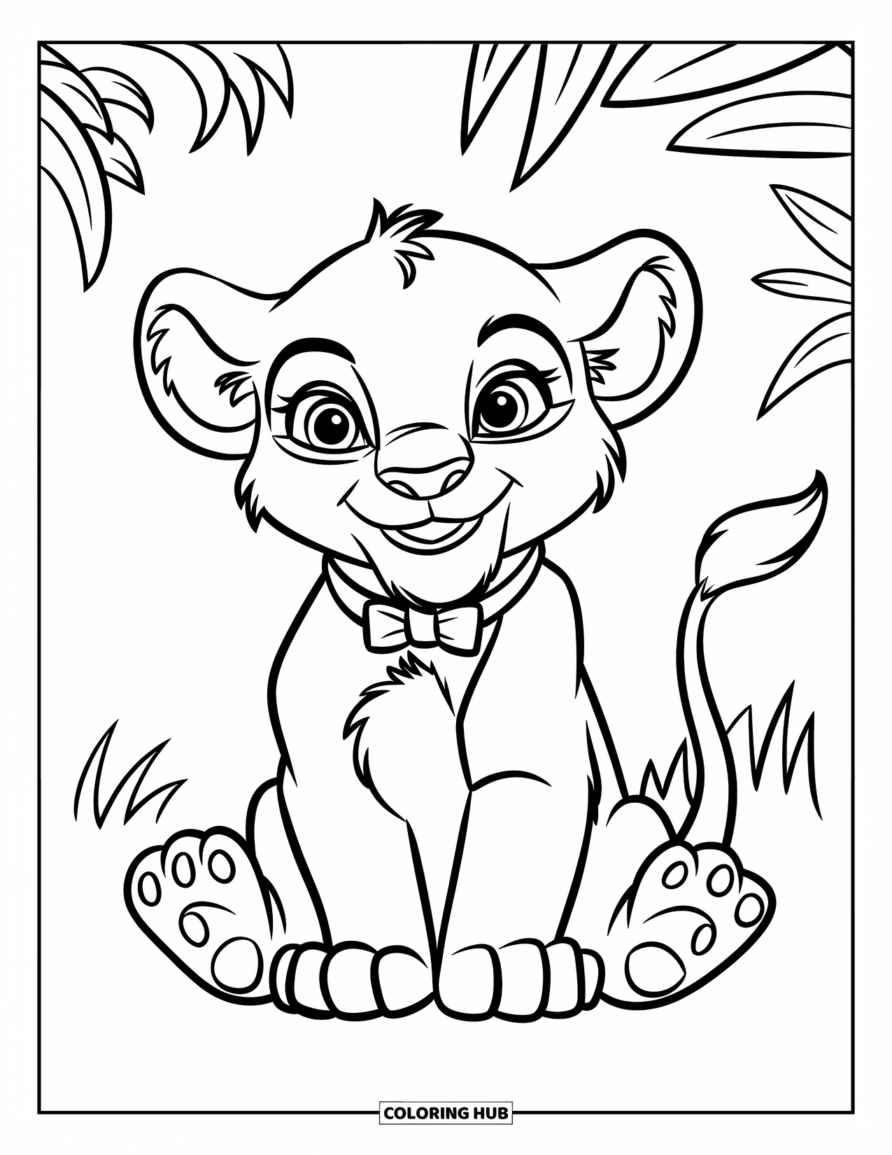 Lion Cub Coloring Page for Kids: A bowtie-wearing cub sits sweetly among a few scattered leaves