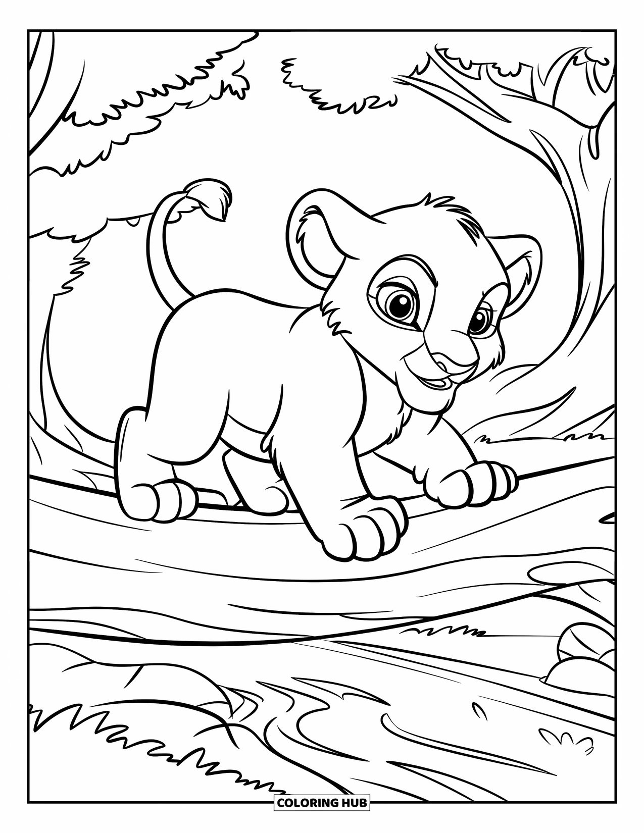 Lion Cub Coloring Page for Kids: A cub crosses a log bridge under leafy trees in a forest