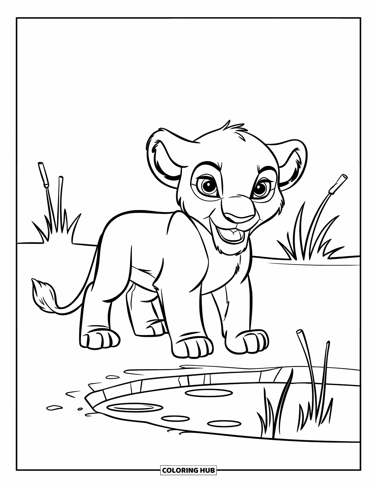 Lion Cub Coloring Page for Kids: A cub gazes out near the reeds of a still, shallow pond