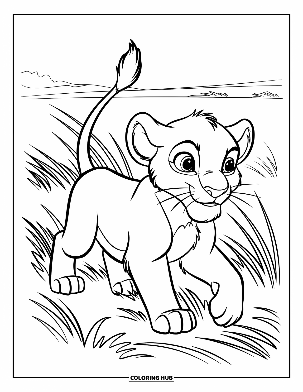 Lion Cub Coloring Page for Kids: A cub walks through grass blown by the wind across the savannah