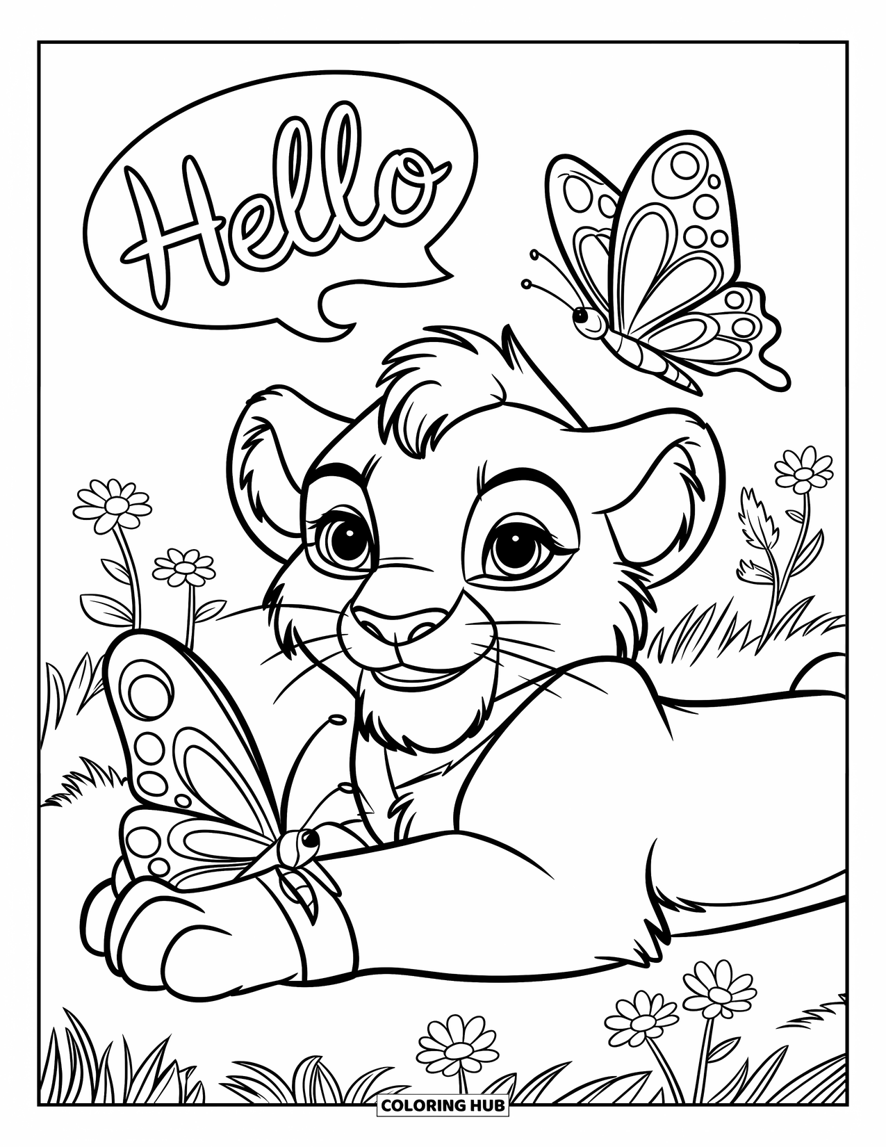 Lion Cub Coloring Page for Kids: A cub with a collar greets a butterfly resting on its paw