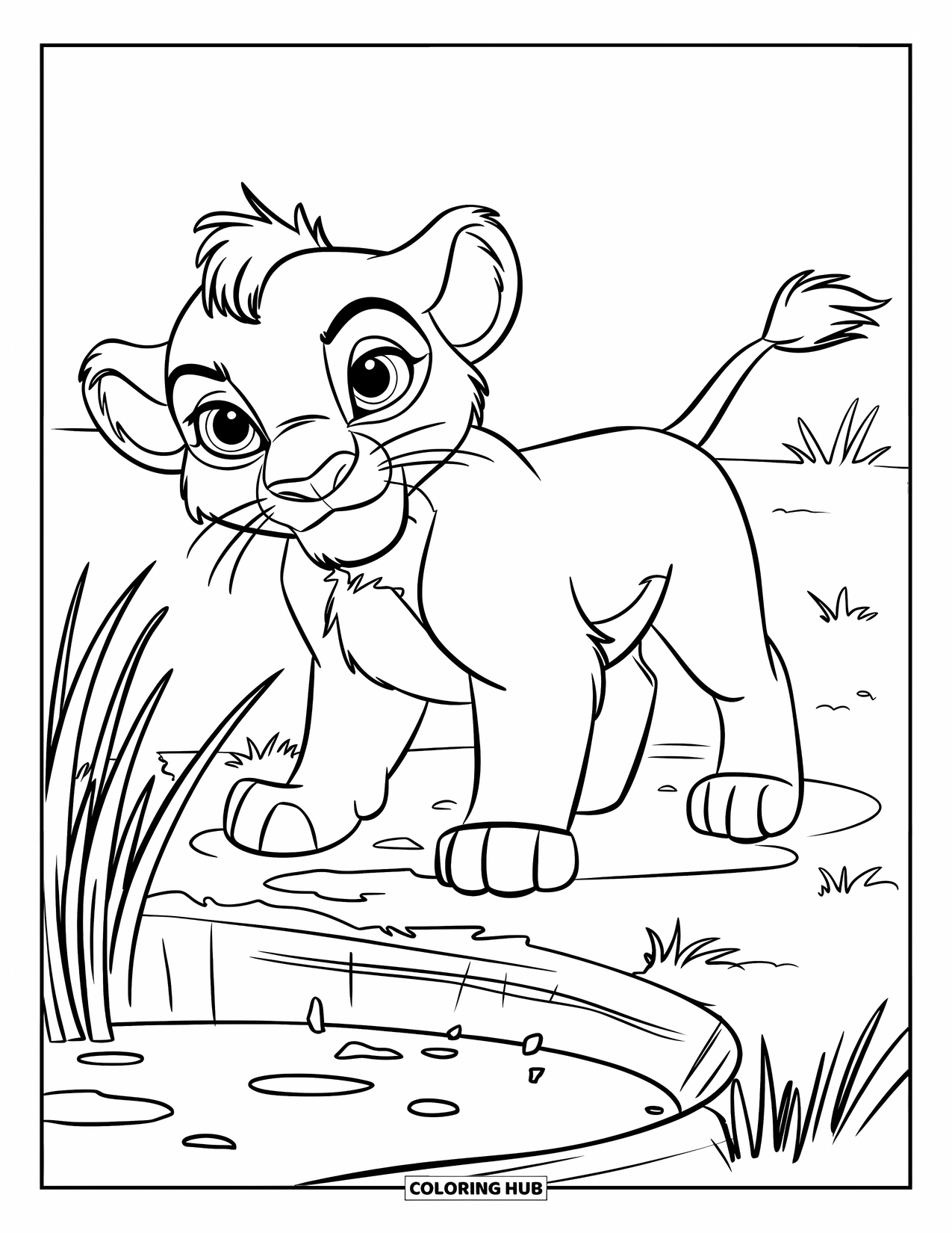 Lion Cub Coloring Page for Kids: A cub with a fluffy mane watches from beside a quiet waterhole