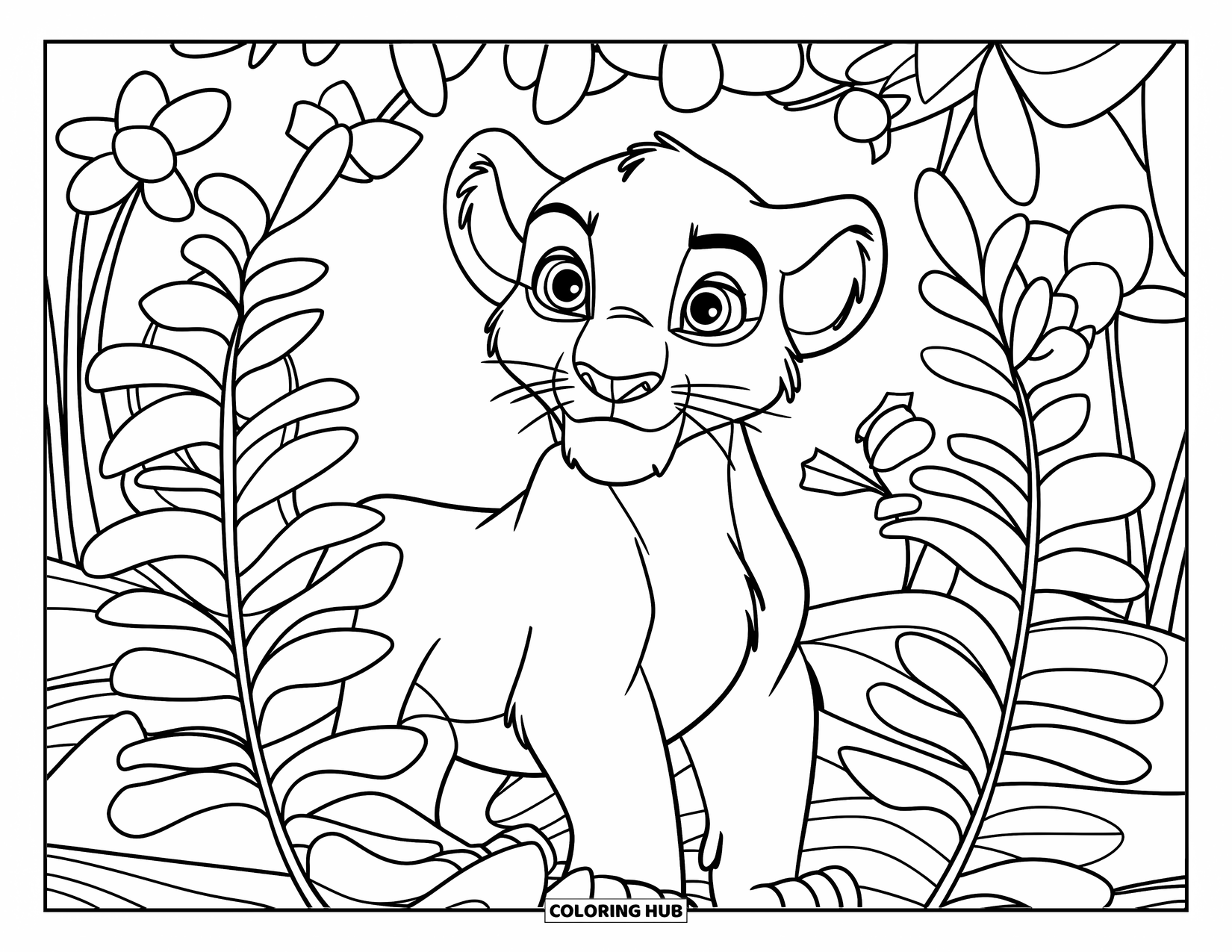 Lion Cub Coloring Page for Kids: A curious cub peeks from behind tall plants and flowers