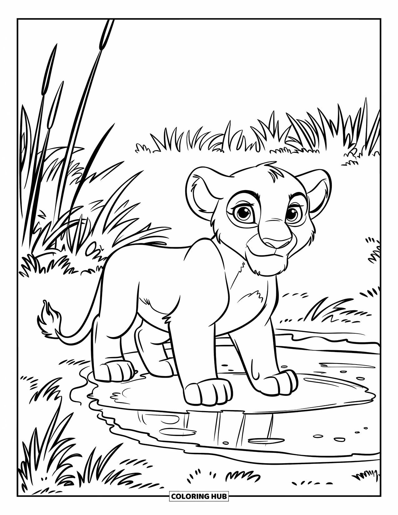 Lion Cub Coloring Page for Kids: A curious cub stands near reeds by a calm waterhole