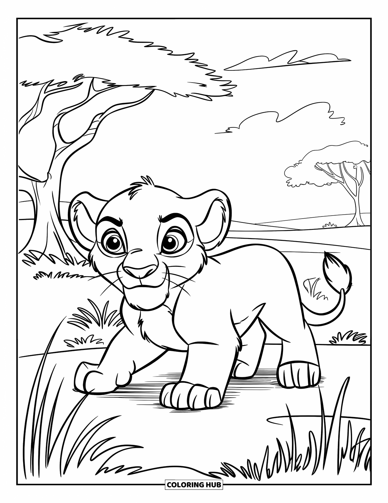 Lion Cub Coloring Page for Kids: A curious lion cub explores tall grass and trees in the open savannah