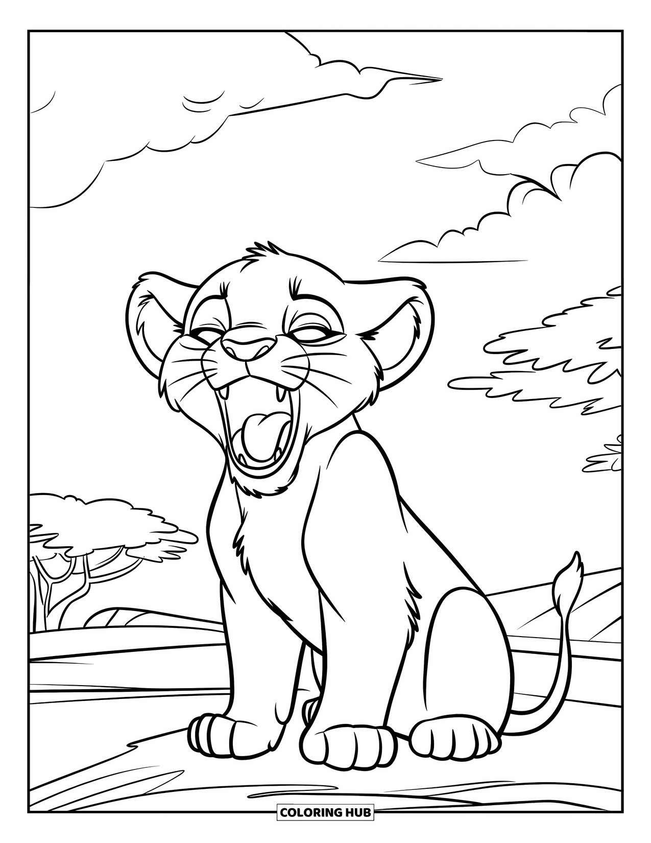 Lion Cub Coloring Page for Kids: A drowsy cub opens wide for a yawn under a peaceful sky