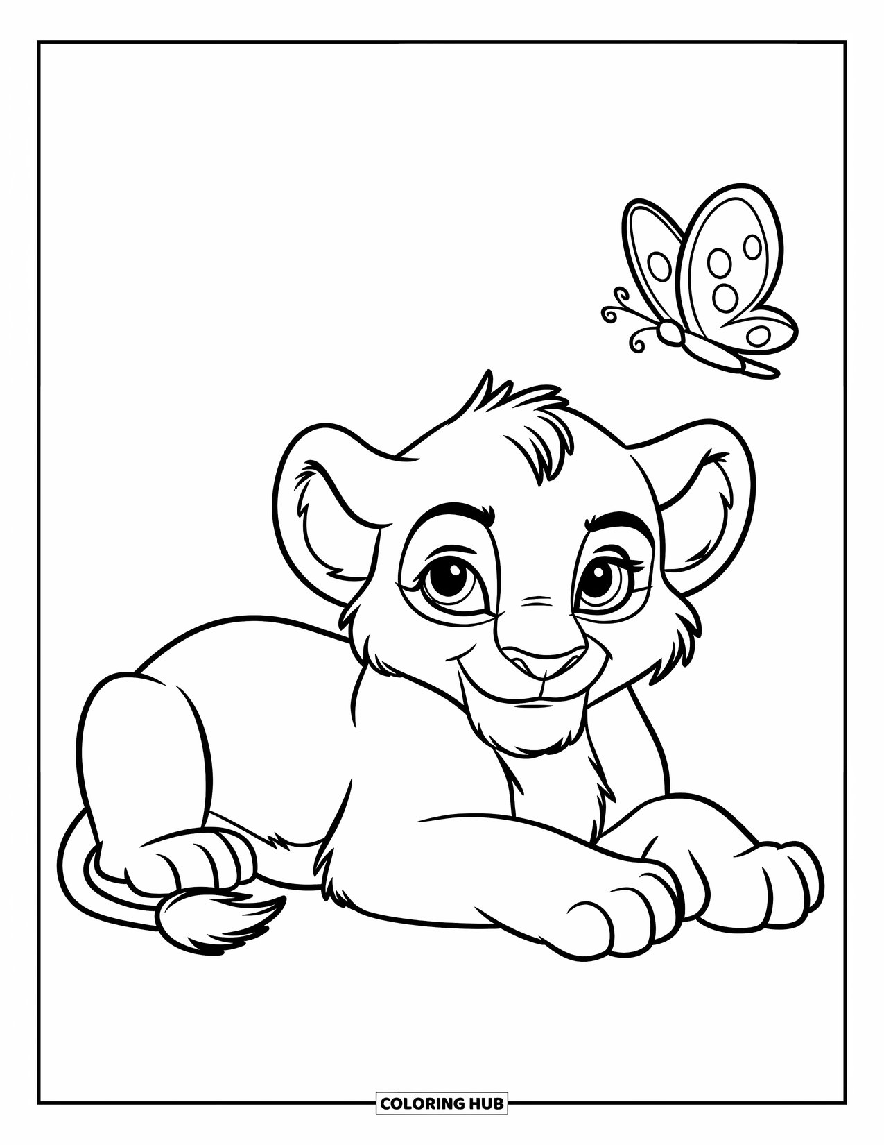 Lion Cub Coloring Page for Kids: A fluffy cub lies down as a butterfly flutters nearby