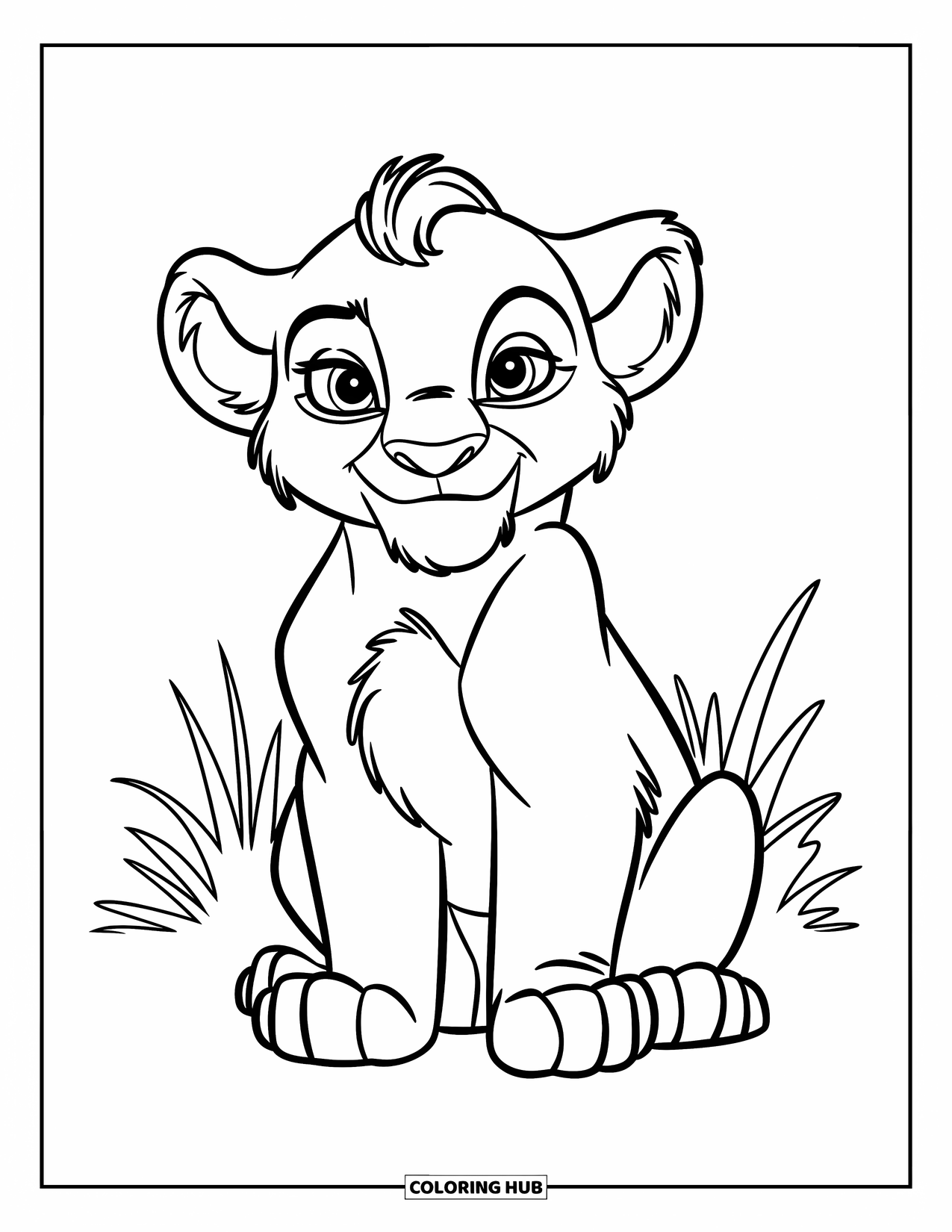 Lion Cub Coloring Page for Kids: A fluffy cub sits in the grass with a gentle smile