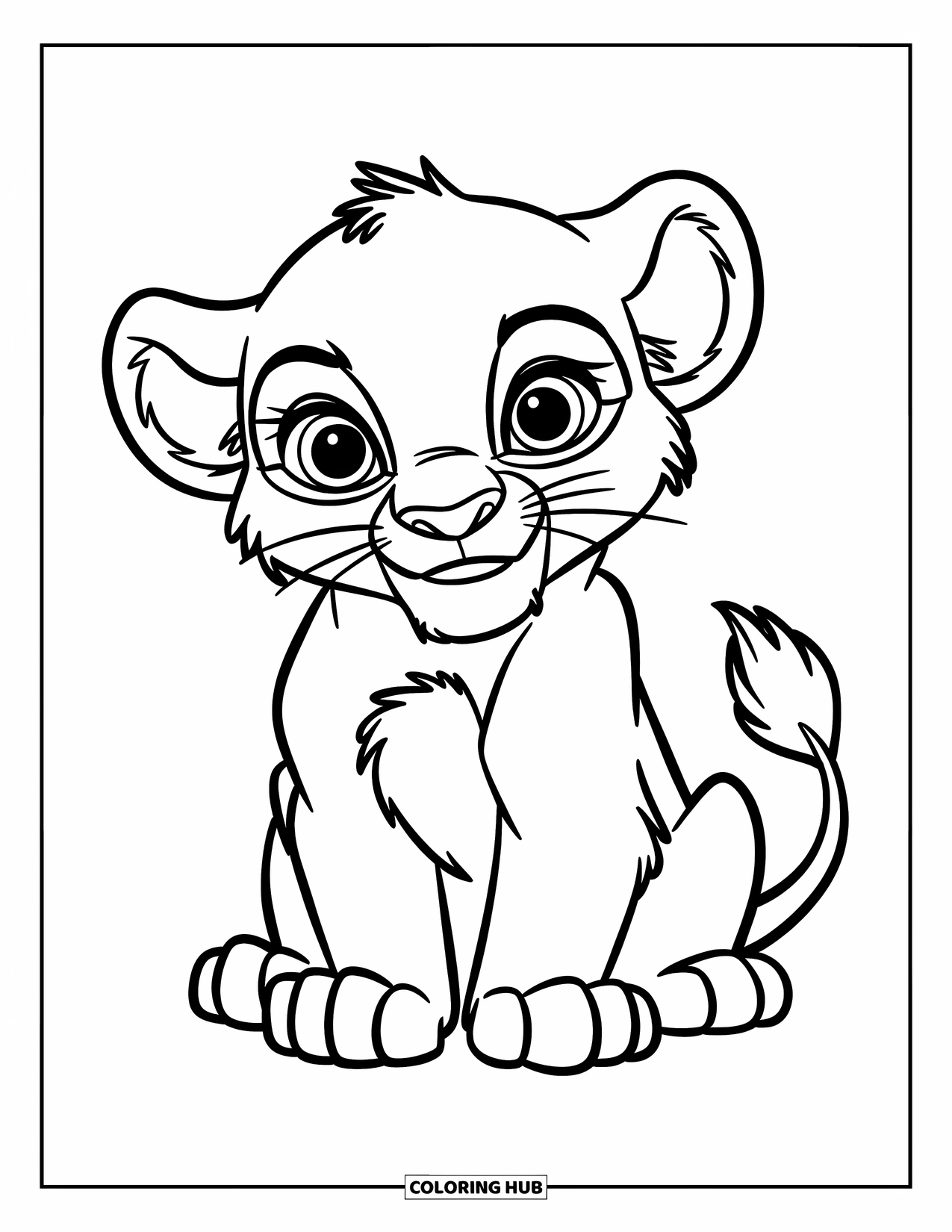 Lion Cub Coloring Page for Kids: A gentle lion cub with big eyes sits quietly and smiles