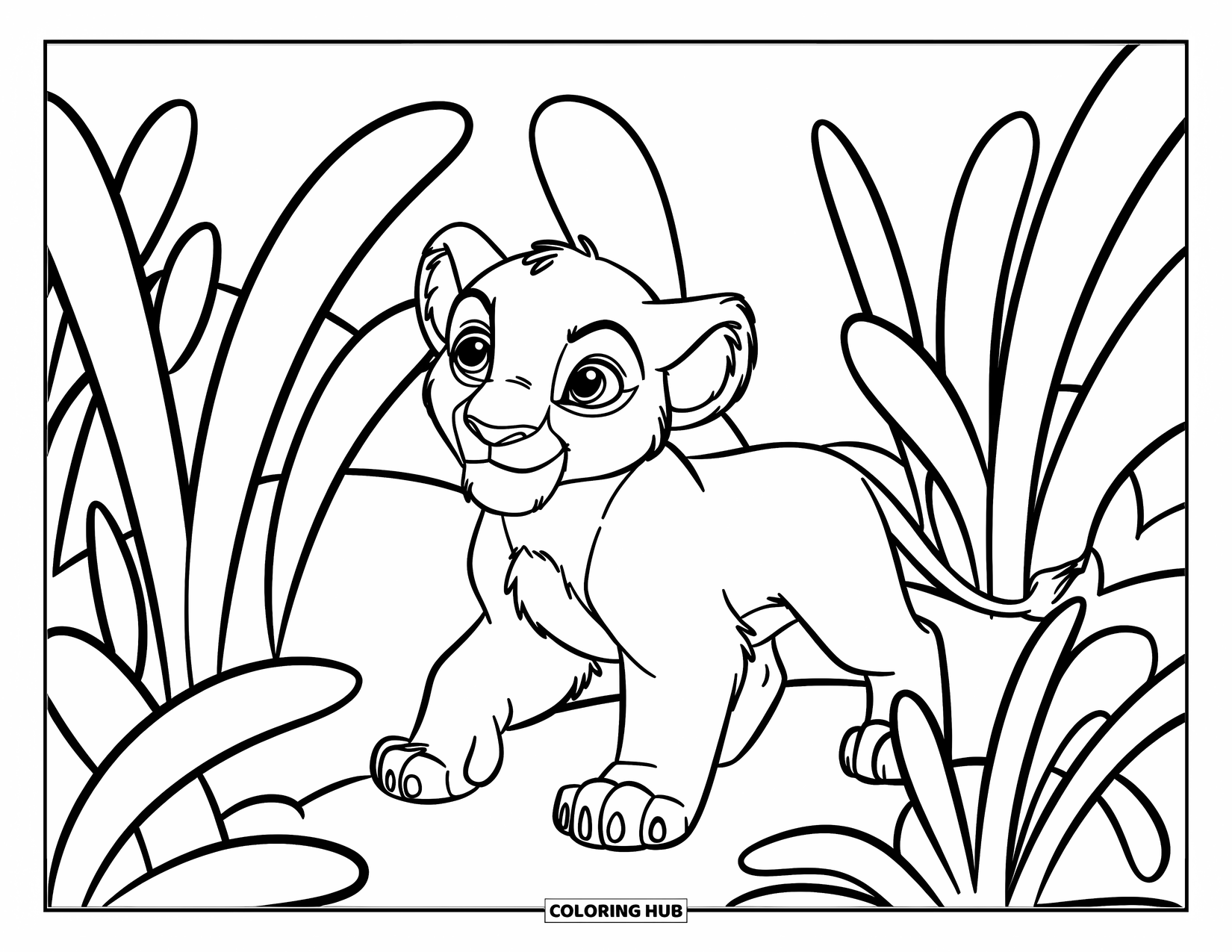 Lion Cub Coloring Page for Kids: A lion cub happily strolls through tall, round-tipped grass