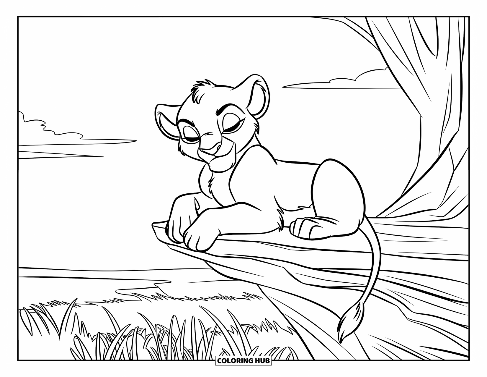 Lion Cub Coloring Page for Kids: A lion cub lounges quietly on a rock in the open savannah