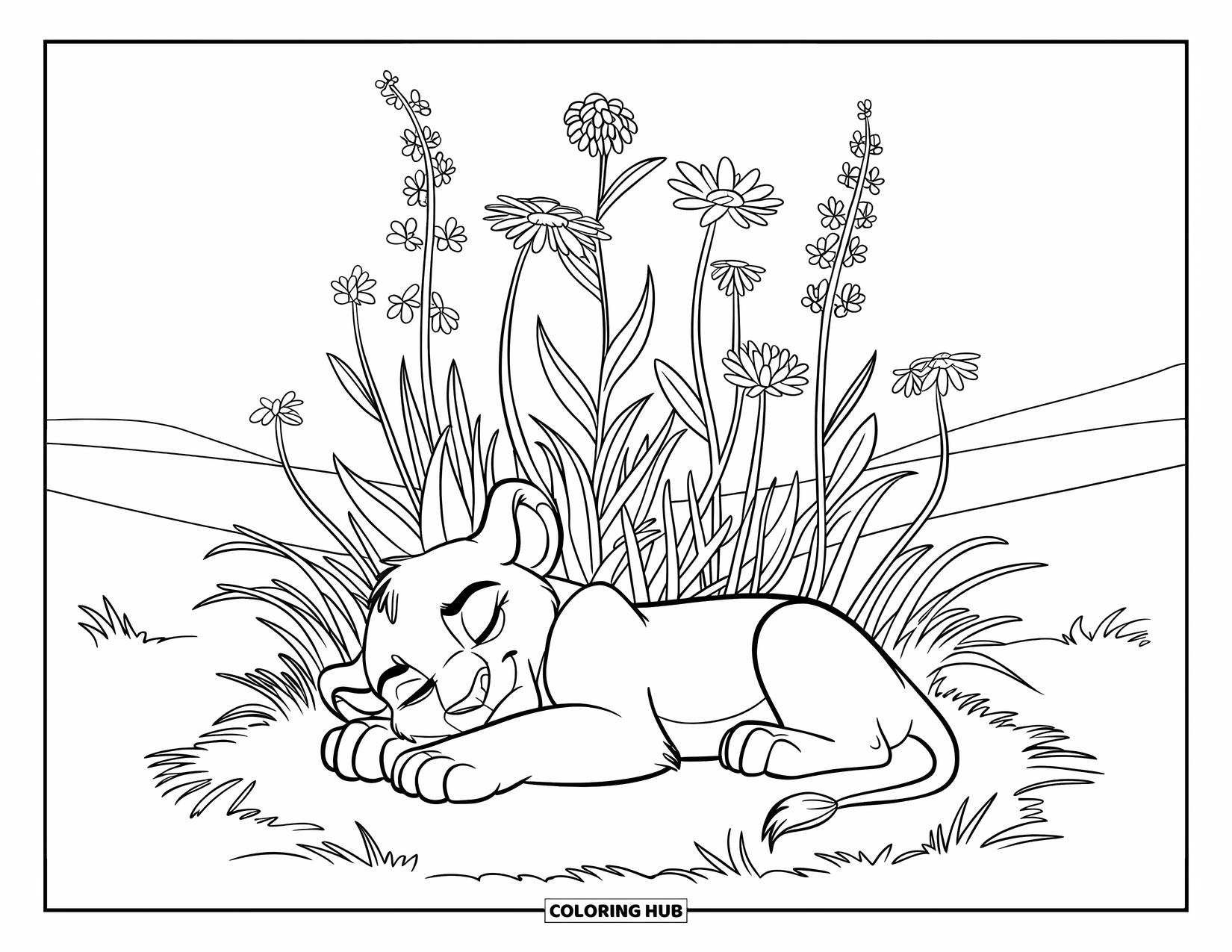 Lion Cub Coloring Page for Kids: A lion cub naps with flowers growing gently around it