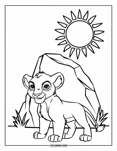 Kleurplaat van leeuwenwelpen voor kinderen: Een leeuwenwelpje poseert bij een rots en een stralende zon
