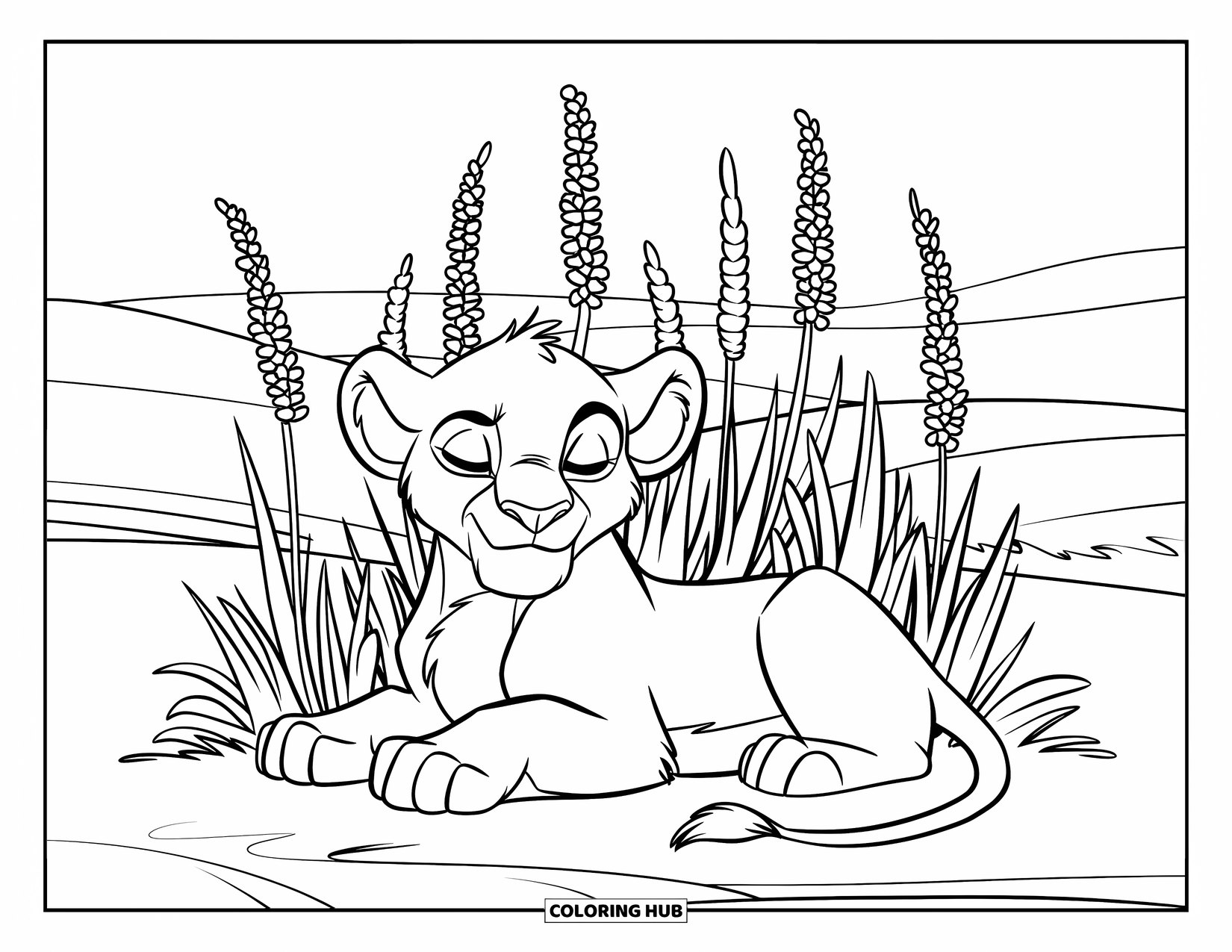 Lion Cub Coloring Page for Kids: A lion cub sleeps in tall wildflowers on a quiet hill