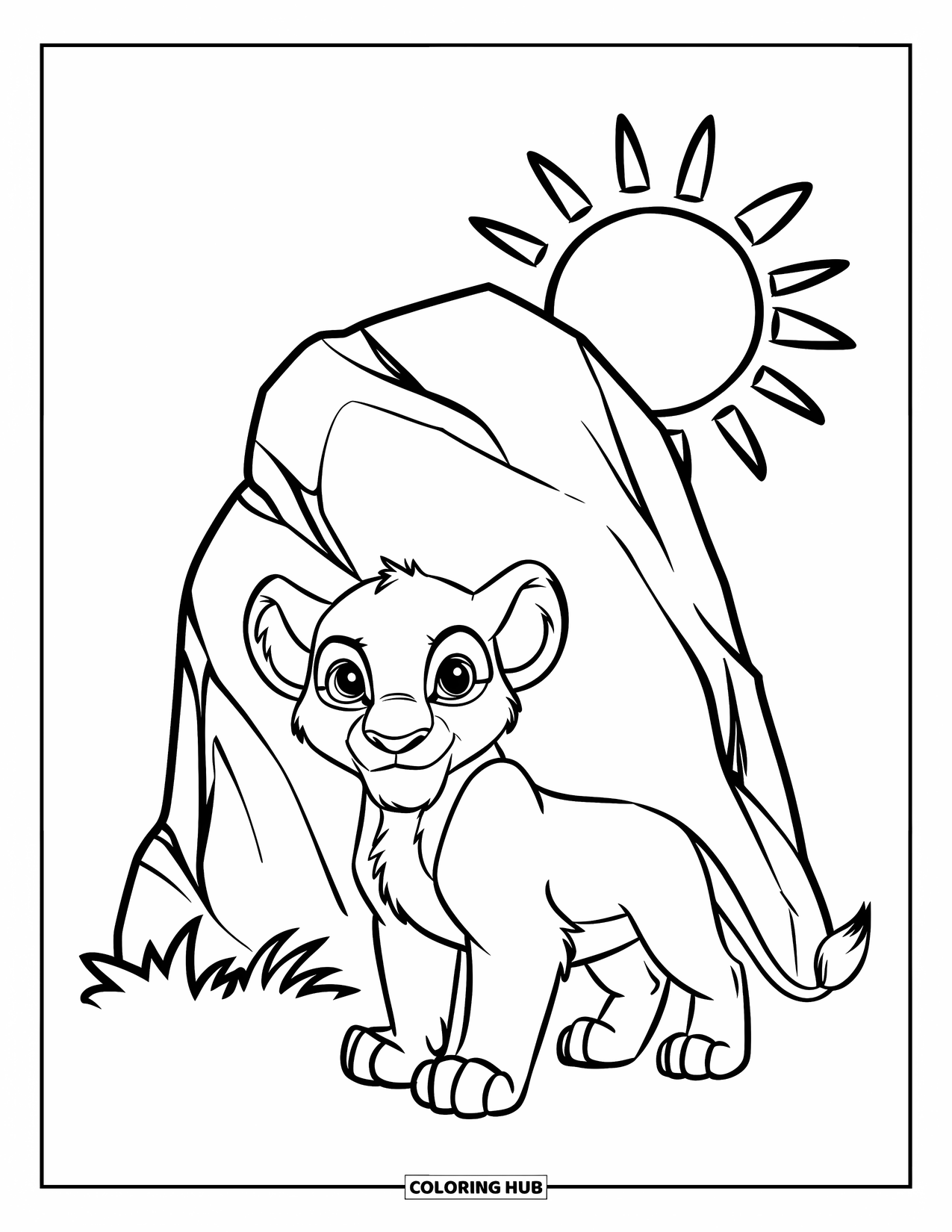 Lion Cub Coloring Page for Kids: A lion cub stands proudly in front of a large sunlit rock