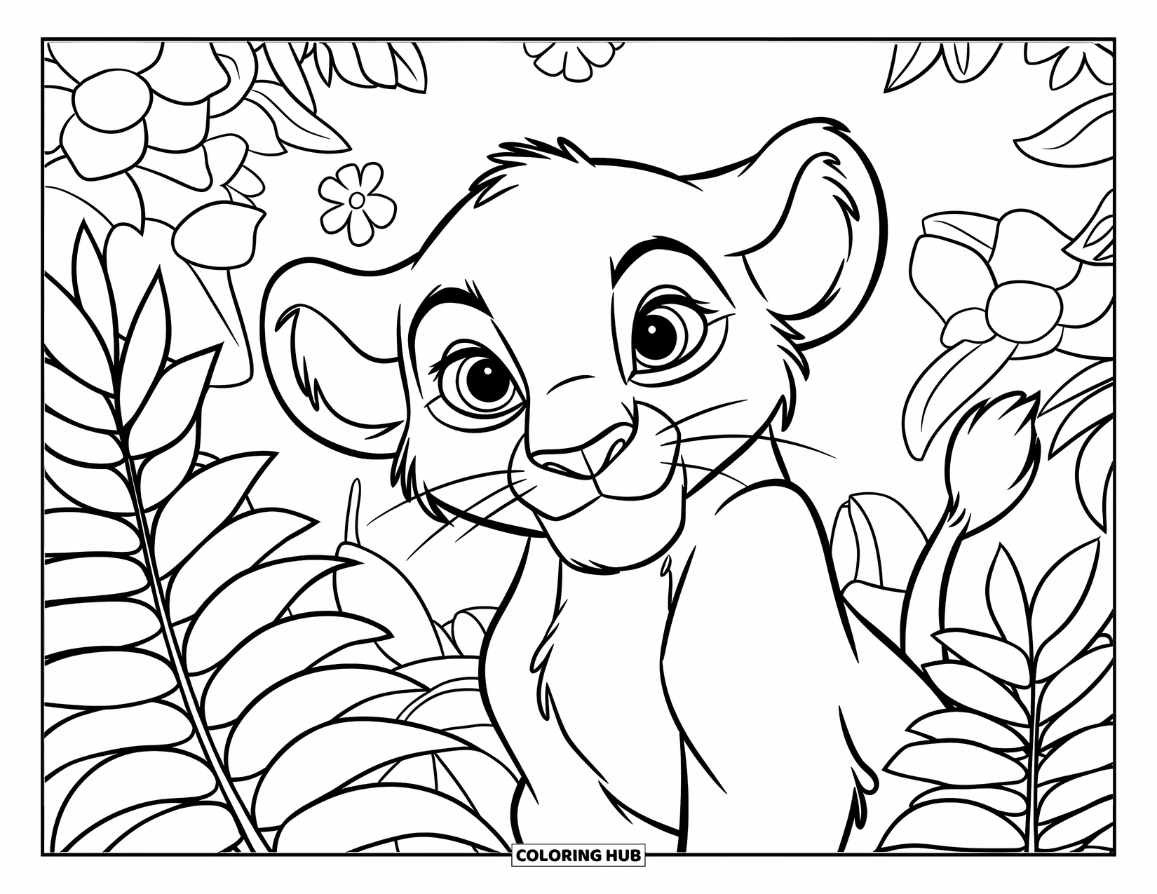 Lion Cub Coloring Page for Kids: A playful cub peeks from behind ferns and leafy bushes
