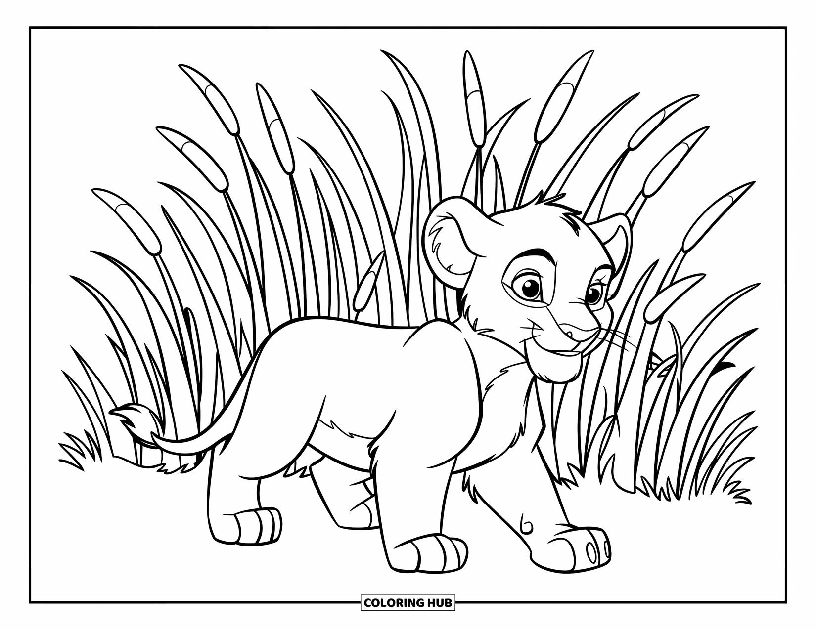 Lion Cub Coloring Page for Kids: A playful cub walks through wide, swirly blades of grass