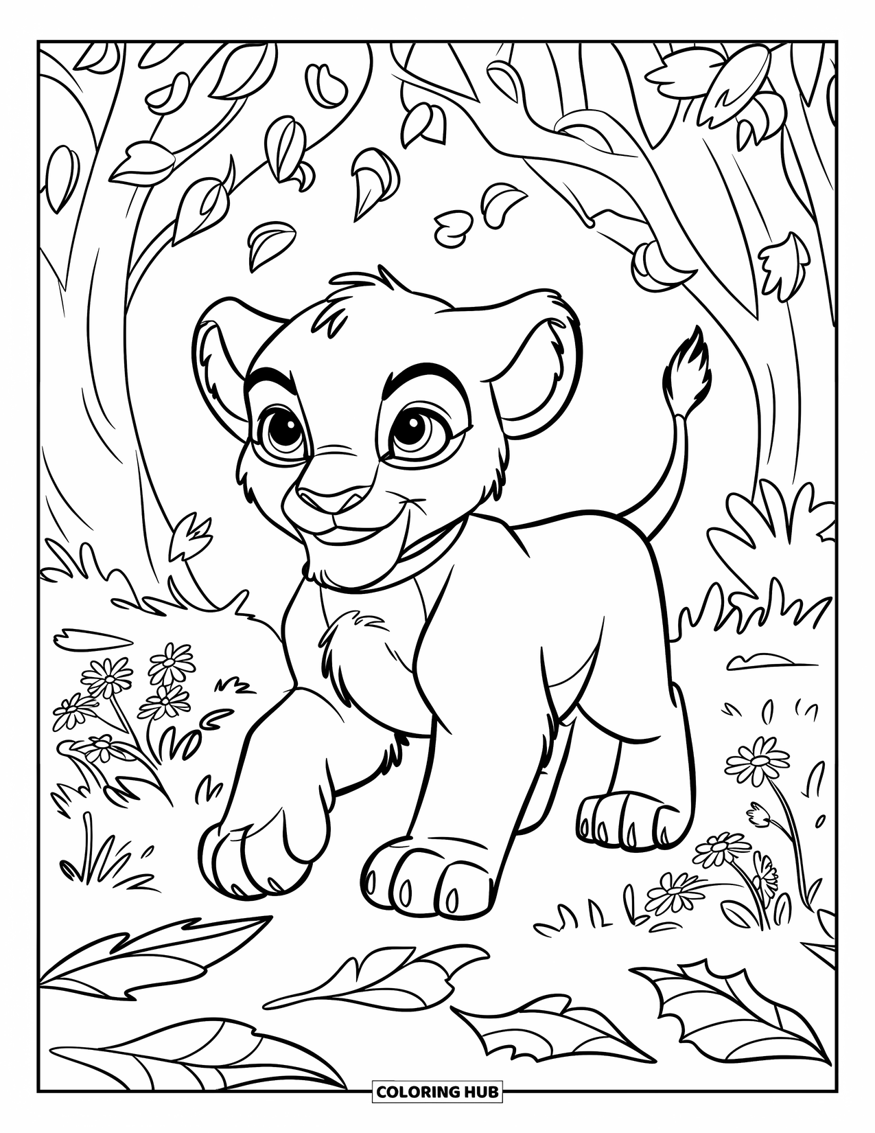 Lion Cub Coloring Page for Kids: A playful lion cub explores dried leaves and cheerful wildflowers