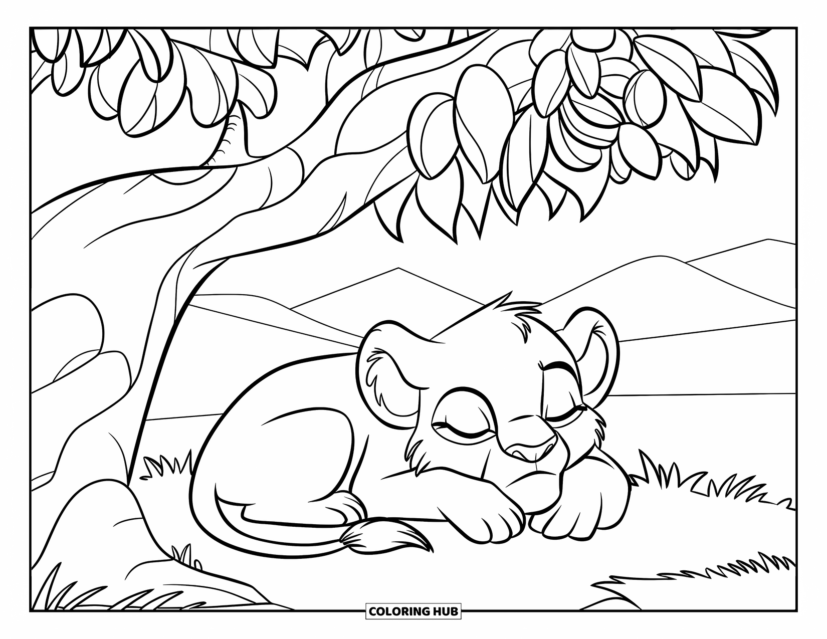 Lion Cub Coloring Page for Kids: A resting cub snoozes under leafy shade with mountains in the distance