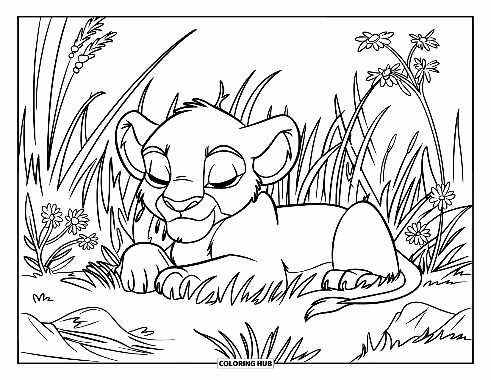 Lion Cub Coloring Page for Kids: A sleepy lion cub snuggles into wildflowers and tall grass
