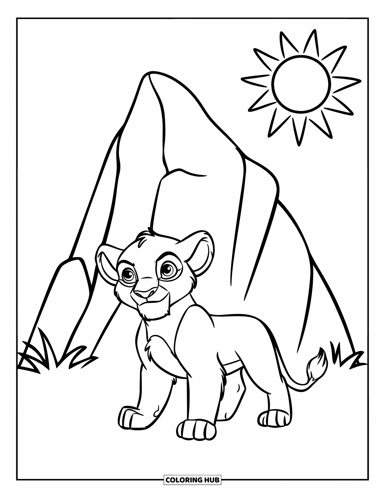 Lion Cub Coloring Page for Kids: A small cub stands near a big rock with a sun shining above