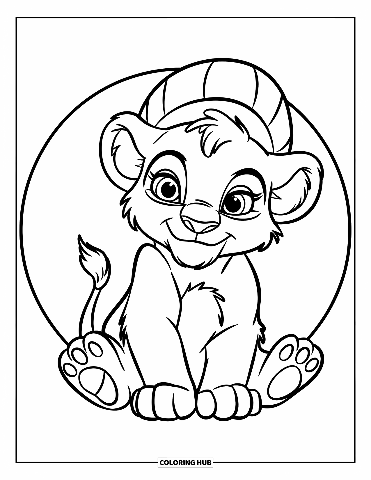 Lion Cub Coloring Page for Kids: A smiling cub sits with its paws out and wears a cute little hat
